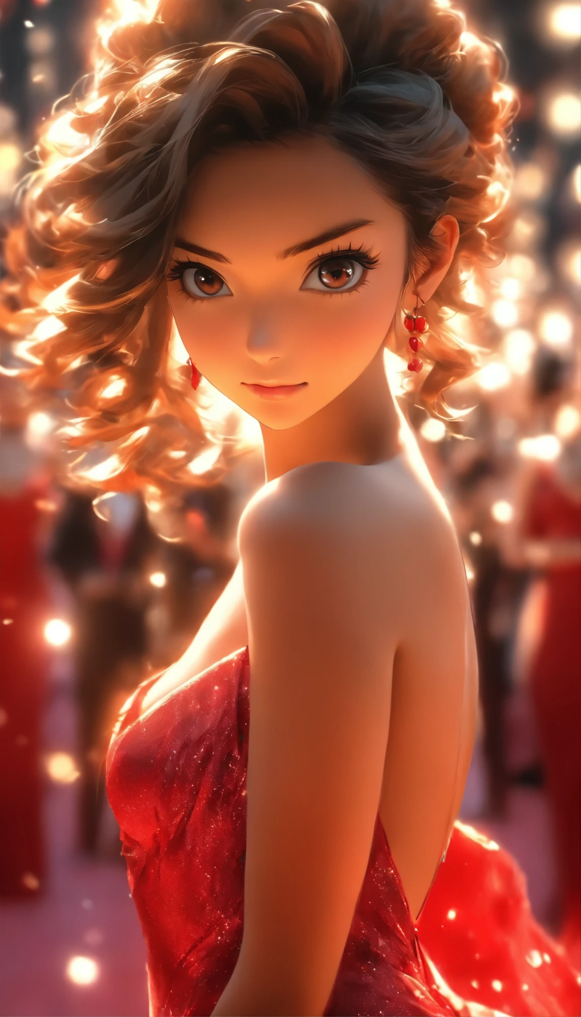Back focus, back view, long distance shot, full body view, BREAK. A Pretty girl of Indonesiadoll, 23 years old, beautiful brown eyes, detailed beautiful face, left cheek mole, wearing red silk gown, BREAK. Glancing_at_viewer, BREAK. (annual award ceremony, red carpet, blurred crowd:1.5), BREAK. Blitz lighting, bright lighting, BREAK. exciting, highly realistic, super detailed, perfectly, proportional, UHD, 8k Resolution, masterpiece, RAW. depth of field BREAK.