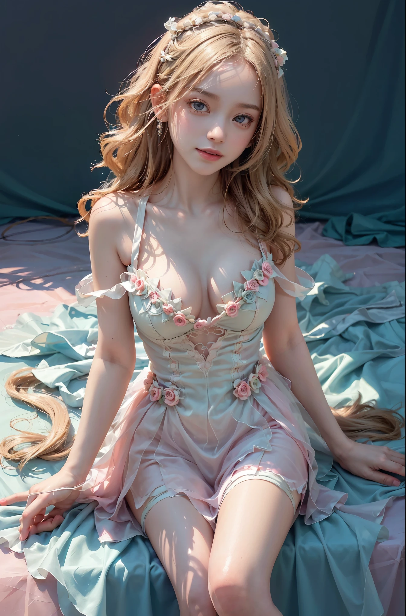 Romantic Rosette dress2, (knee shot), (Surrealism), (illustration), (Resolution enhancement), (8k), (Very detailed), (Best illustration), (beautiful and delicate eyes), (best quality), (super detailed), (masterpiece ), ( wallpaper), (Detailed face),one blonde, curls,(High top fade in and out:1.3), (Smile brightly, bright look), dark theme, soothing tone, pastel colors, high contrast, (natural skin texture, Surrealism主义, soft light, impatient),exposure blending, medium shot, Bokeh, (human development report:1.4), high contrast, (Movie, teal and orange:0.85), (pastel colors, fade, soothing tone:1.3), high saturation, (super detailed:1.2),(big breasts :1.2)