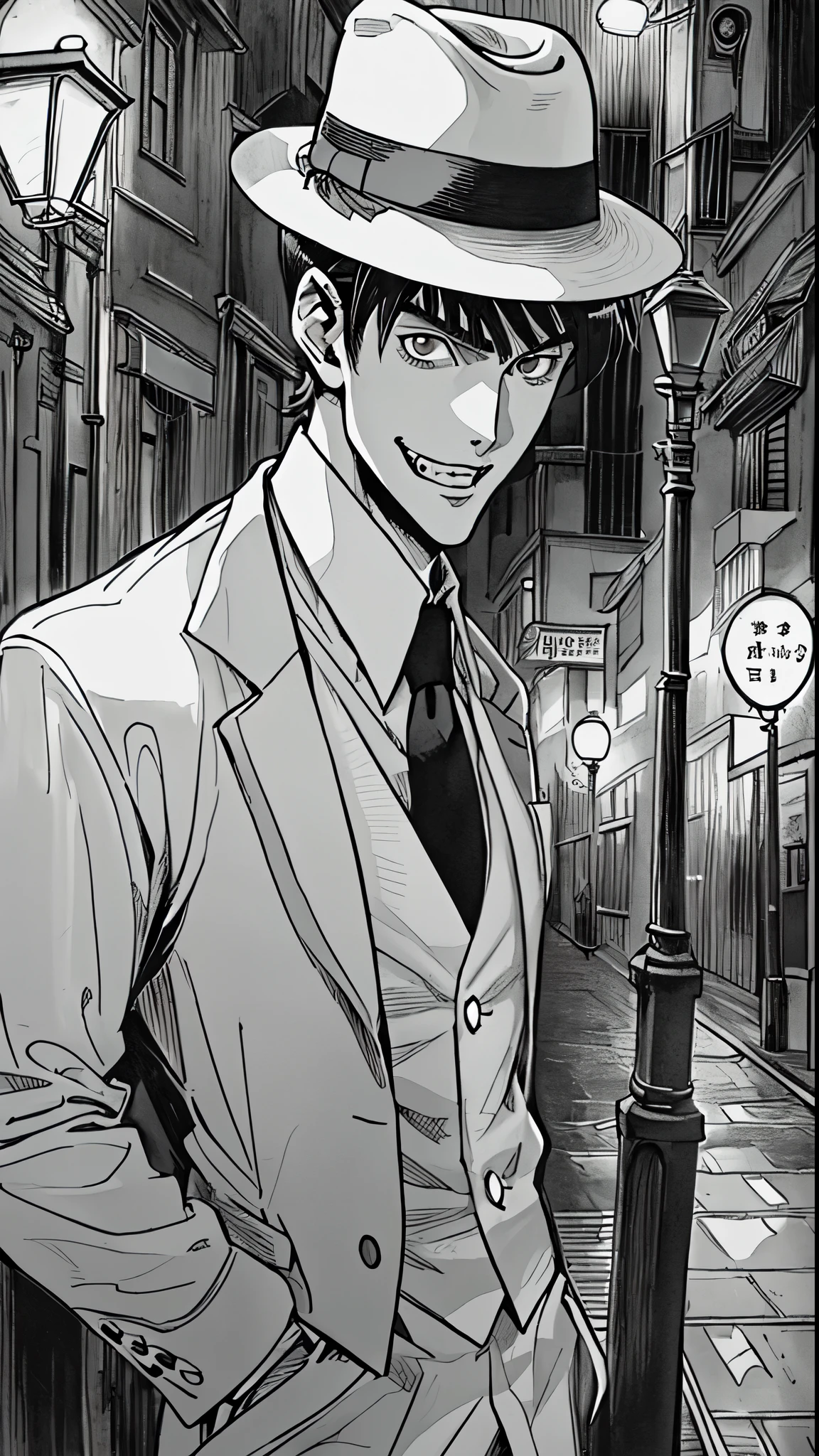 (anime) (black and white) 1 man, john foo is a vampire, standing beneath a street light, vampire, 1920's ,wearing a white suit and tie (vest), fedora, brown eyes, fangs, (manga panel) (art by junji ito)