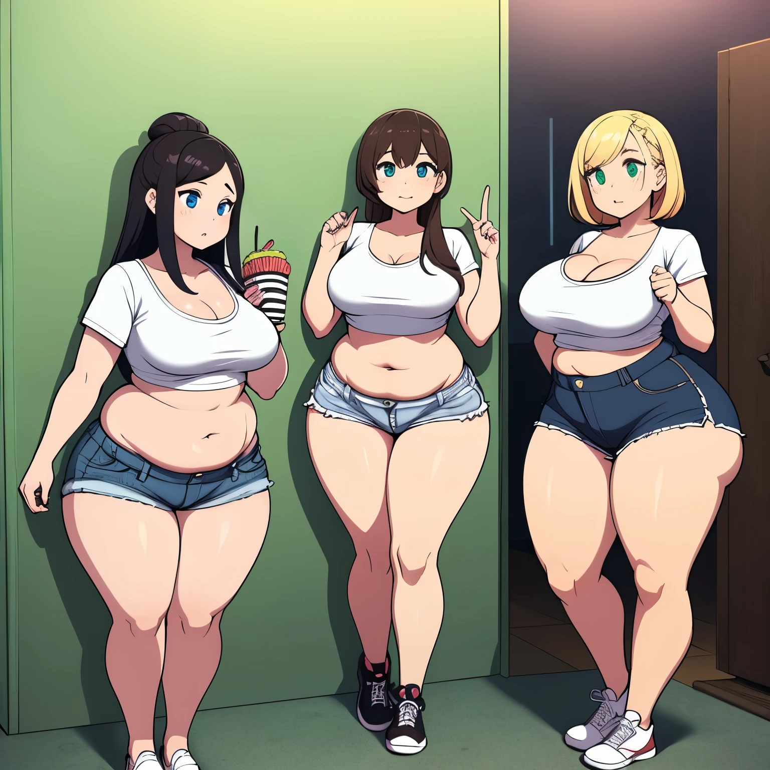 ((highres)), Masterpiece, high quality, best quality, beautiful, perfect lighting, detailed face, ultra cute face, (((3girls))), one girl has blonde hair, blue eyes, crop top and shorts, one girl has brown hair, green eyes, jeans, white shirt, tight clothes, one girl has, Short black hair, brown eyes, crop top and shorts full body, fast food restaurant, medium breasts, cleavage, ((wide hips)), ((thick thighs)), ((plump)), chubby belly, fat folds, belly hang, standing together, group photo