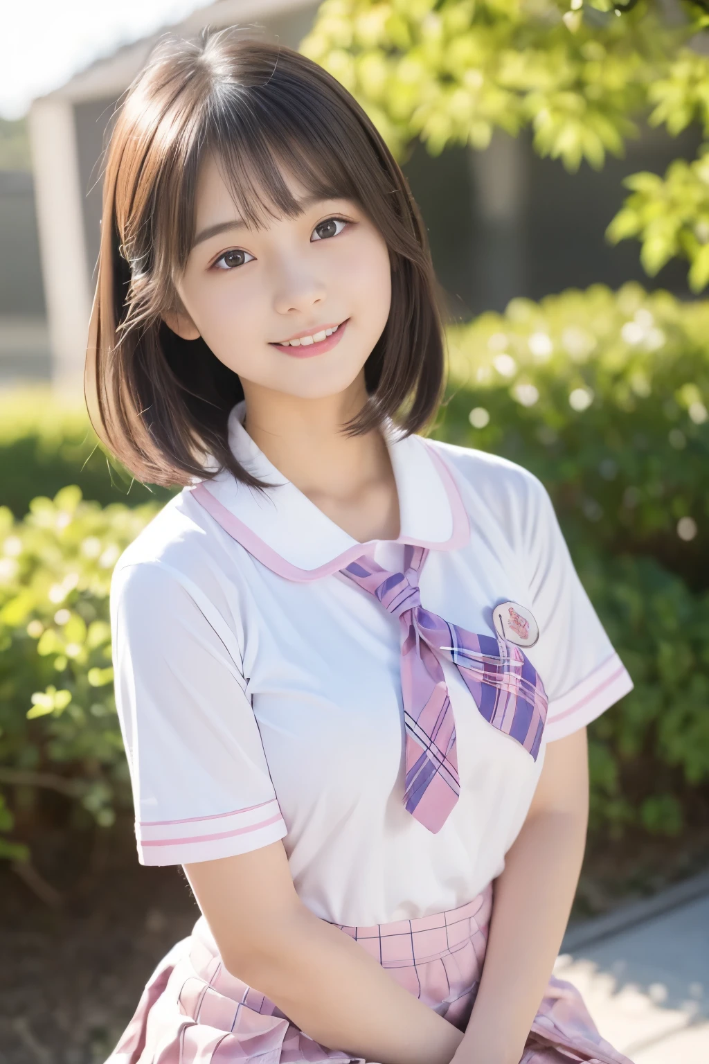 (((masterpiece，8K,highest quality, very detailed, )))，full body display，An empty classroom，Alone，sit on a chair，(one beautiful japanese girl, innocence，cute) ，ultra high resolution, realistic, Super detailed, slender body shape，(detailed face:1.3), (fluffy short hair:1.37), (baby face，cute系，10 year old beautiful girl), (perfect body:1.1),  ((Japanese high school uniform with the school emblem on the chest、white shirt，Pink Neck Ribbon，Pink plaid skirt))，innocent smile，rosy cheeks，超detailed face、detailed lips、small gravure idol，transparent skin、beautiful skin，lolita，realistic:1.37，no makeup，happy atmosphere，pastel color palette，fun，date，happy，I feel excited，Natural Lighting，natural lip，cuteポーズ
