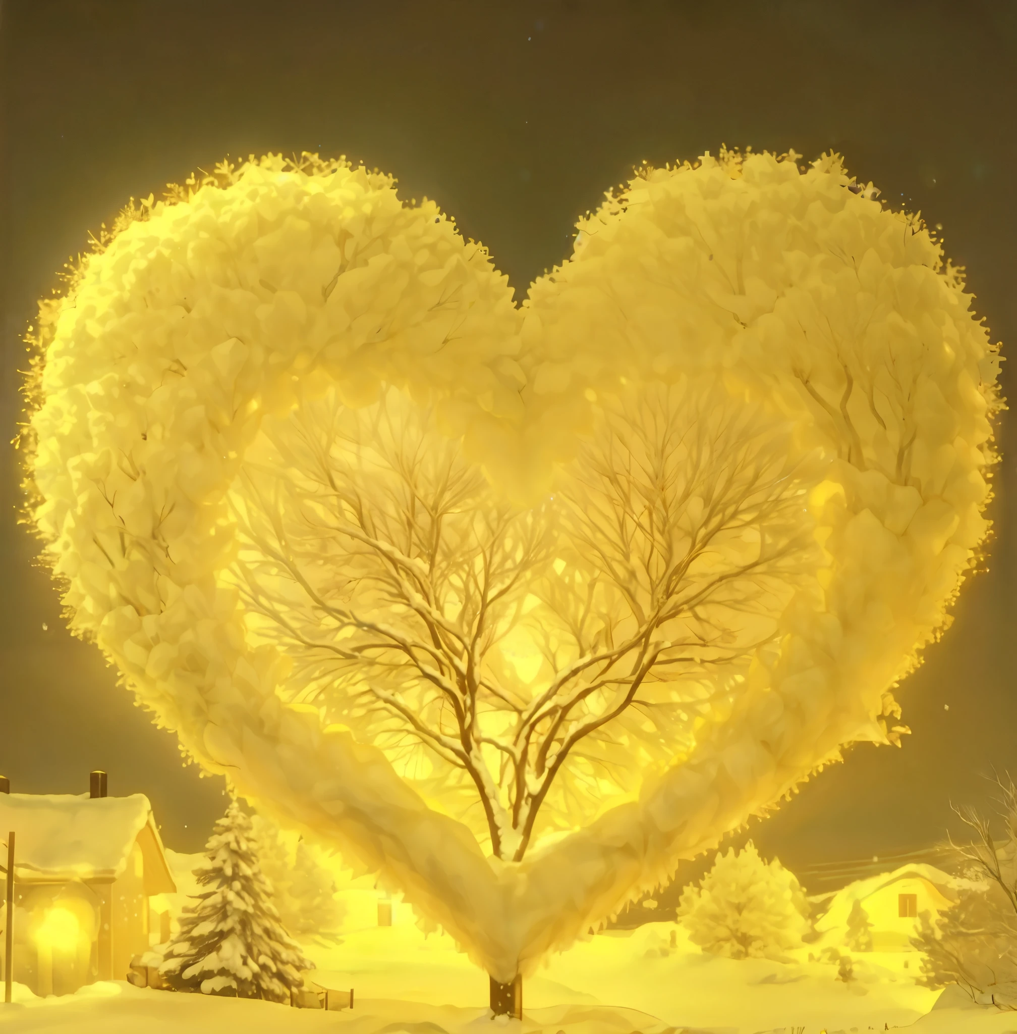 arafed heart shaped tree in a snowy field with a hill in the background, glowing snow, double exposure of love, beautiful image ever created, yellow infrared, snow glow, 4 0 9 6, love is begin of all, beautiful glowing backlit, amazing, bathed in the the glow, it glows from the outside, absolutely outstanding image, golden sacred tree