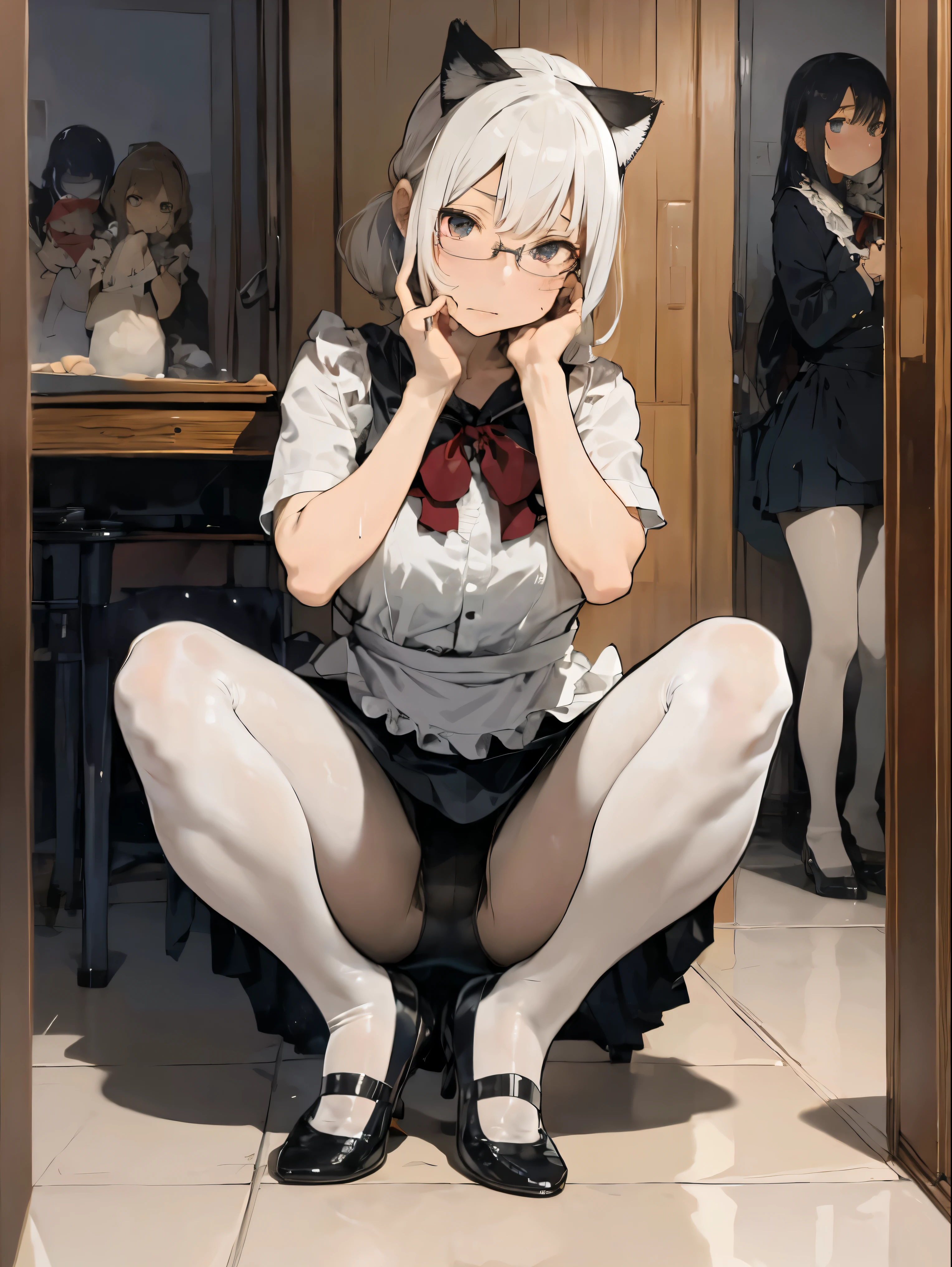 Surrealism), (illustration), (high resolution), (32k), (Very detailed), (best illustration), (beautiful exquisite eyes), (best quality), (super detailed), (masterpiece), ( wallpaper), (The details of the face are exquisite), alone, 自己pissing, pee on legs, Surrounded by other people, Highly detailed facial and skin textures, exquisite eyes, double eyelids, Twisted braids with bobby pins, Large-rim glasses, wearing fleShy fairy sweet pure lust lace print embroidery to see through, Wearing cat ears, Kneeling on both knees, Lower your head nervously, Shy, Embarrassed and shocked, Stand with legs apart, on the men's floor'Room, A small puddle of her own urine formed around her feet, pissing very desperately, pissing, wet yourself, urination, tears, Fear, despair, panicked, high detail, October belly dance ballet, Wear ballet shoes, (dynamic poses), 1 girl, Kansho-ri White Color Book, Korean, Heterochromia, There is a small mole under the eye, (( apron)), big breasts, long legs, firm abdominal muscles, 戴Large-rim glasses, (camel toe), (black and white), (No), (Not wearing)