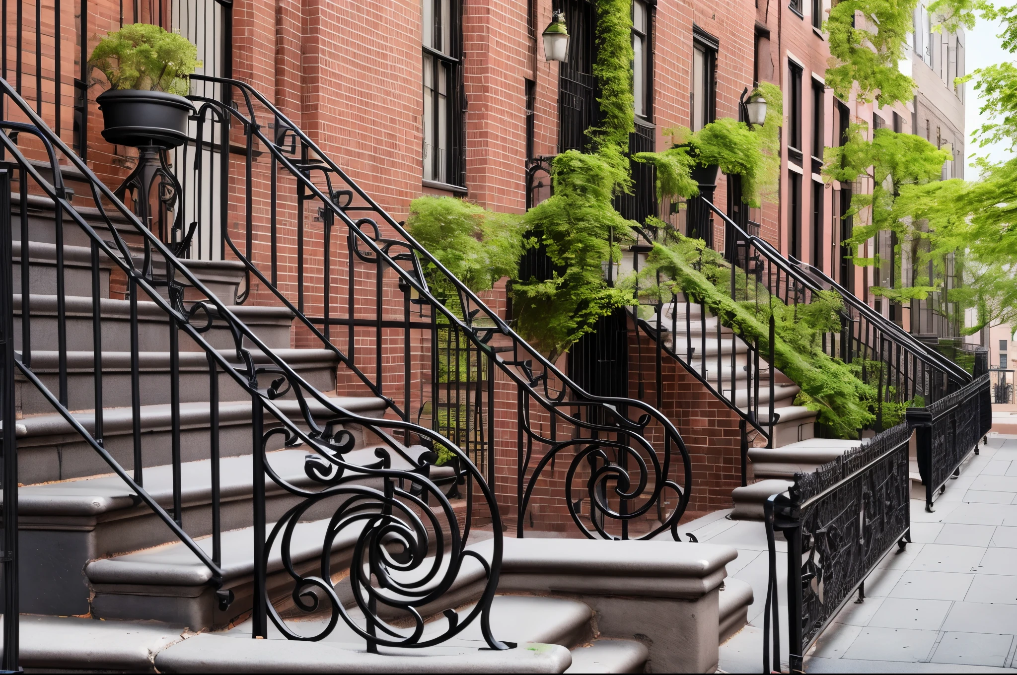 A row of stairs and railings on a city street, Lush Brooklyn cityscape, Wrought-iron construction, new york back street, fire escape, 城市street view, street view, Detailed detailss, streets of new york, Moroccan New York City Street, housing, streets of new york, Detailed streets, Iron railings, Detailed details, stunning images