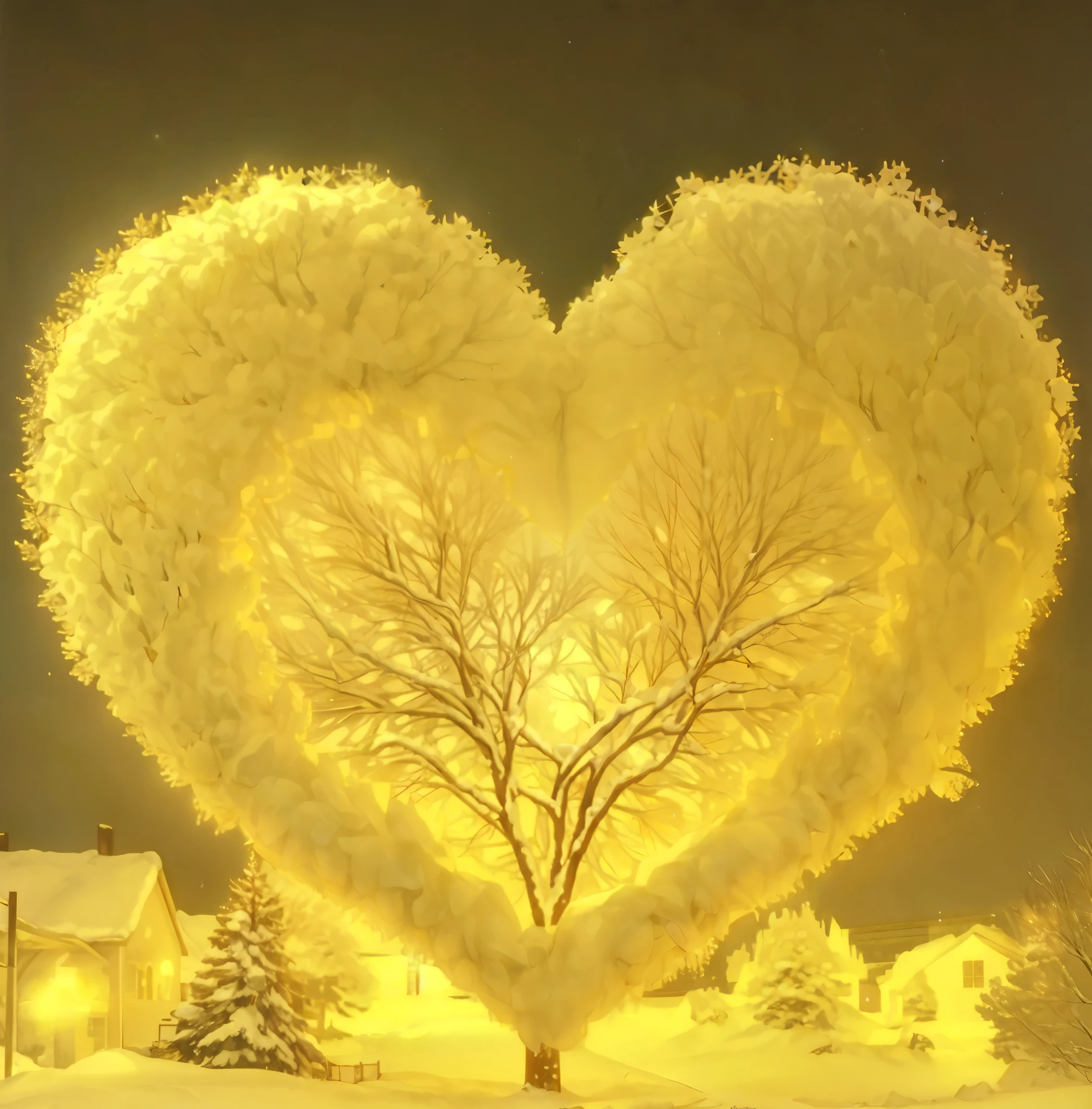 arafed heart shaped tree in a snowy field with a hill in the background, glowing snow, double exposure of love, beautiful image ever created, yellow infrared, snow glow, 4 0 9 6, love is begin of all, beautiful glowing backlit, amazing, bathed in the the glow, it glows from the outside, absolutely outstanding image, golden sacred tree