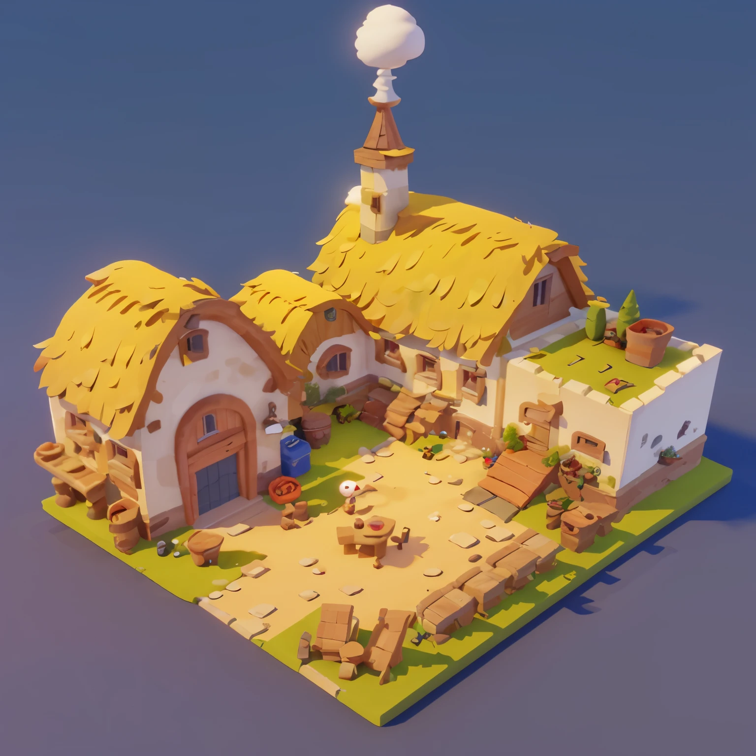 45 degrees top-down，Game architectural design, Cartoonish,Colors are vivid，farm barn，The farm's warehouse，Open the door，huge door，golden wheat fields，casual game style, masterpiece，Super details，best quality，Reference everdale game style，C4D