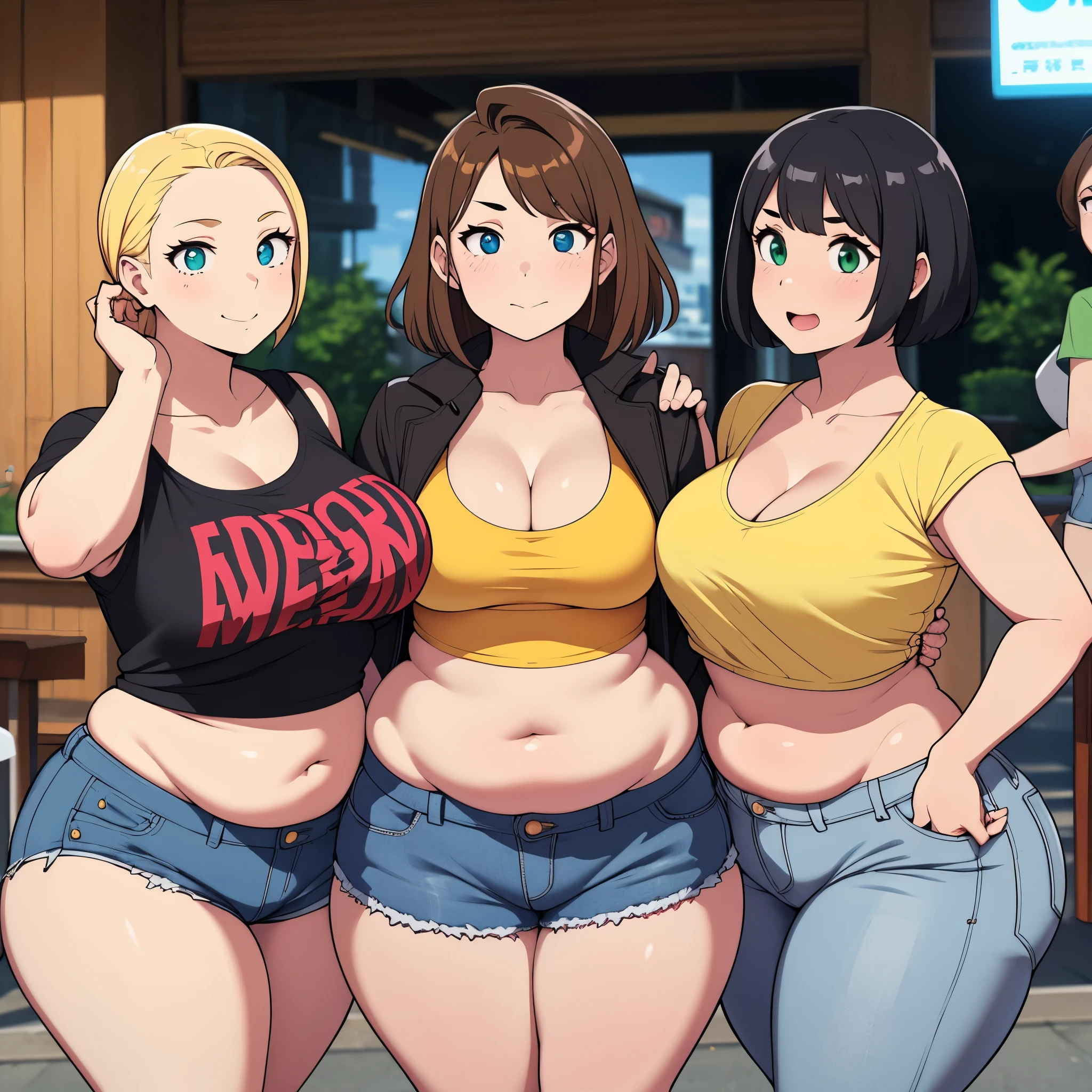 ((highres)), Masterpiece, high quality, best quality, beautiful, perfect lighting, detailed face, ultra cute face, (((3girls))), one girl has blonde hair, blue eyes, crop top and shorts, one girl has brown hair, green eyes, jeans, white shirt, tight clothes, one girl has, Short black hair, brown eyes, crop top and shorts, fast food restaurant, medium breasts, cleavage, ((wide hips)), ((thick thighs)), ((plump)), chubby belly, fat folds, belly hang, standing together, group photo