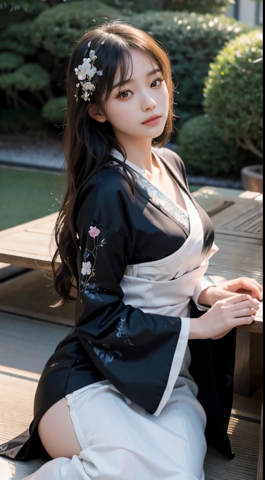 (Photoreal:1.4), (Top image quality:1.0), (超High resolution:1.0), 8K, Raw photo, (master piece:0.2), (Pueros face_v1:0.5)、(best quality detail:1.2)、hentel realism、8K Ultra HD、High resolution、(1 girl:1.2)、超detailedな、High quality textures、複雑なdetailed、detailed、Very detailed CG、High quality shadows、Beautiful and delicate face in every detail、Beautiful and delicate eyes in every detail、Depth of bounds written、ray tracing,1 girl, japanese girl, cute, thin, black kimono, Japanese pattern kimono,フrollerルカール, beautiful skin, facing there,please sit down, sit with your back straight「thank you」say,Arrange your hands gracefully,A faint smile in Japan,Japanese garden,Deluxe Japanese room, sky porn, magic hour, (realistic:1.3), 細かくdetailedに, quality, (table top:1.2), (realistic:1.2), (Best quality), (複雑なdetailed), dramatic, ray tracing, photo taken, +roller