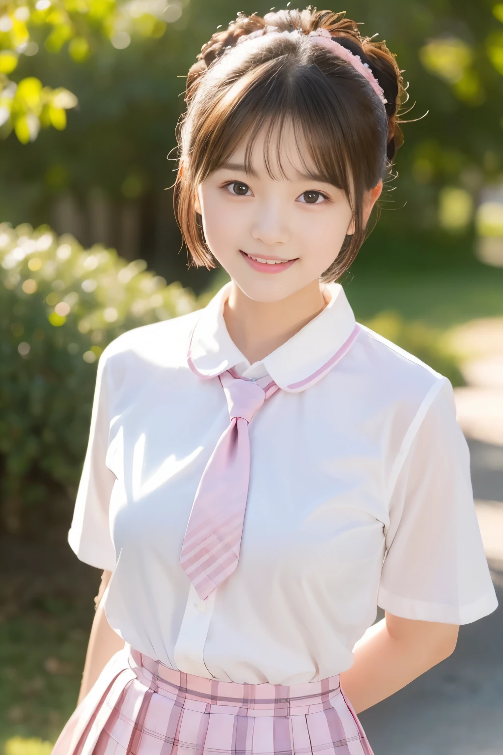 (((masterpiece，8K,highest quality, very detailed, )))，full body display，An empty classroom，Alone，sit on a chair，(one beautiful japanese girl, innocence，cute) ，ultra high resolution, realistic, Super detailed, slender body shape，(detailed face:1.3), (fluffy short hair:1.37), (baby face，cute系，10 year old beautiful girl), (perfect body:1.1),  ((Japanese high school uniform with the school emblem on the chest、white shirt，Pink Neck Ribbon，Pink plaid skirt))，innocent smile，rosy cheeks，超detailed face、detailed lips、small gravure idol，transparent skin、beautiful skin，lolita，realistic:1.37，no makeup，happy atmosphere，pastel color palette，fun，date，happy，I feel excited，Natural Lighting，natural lip，cuteポーズ