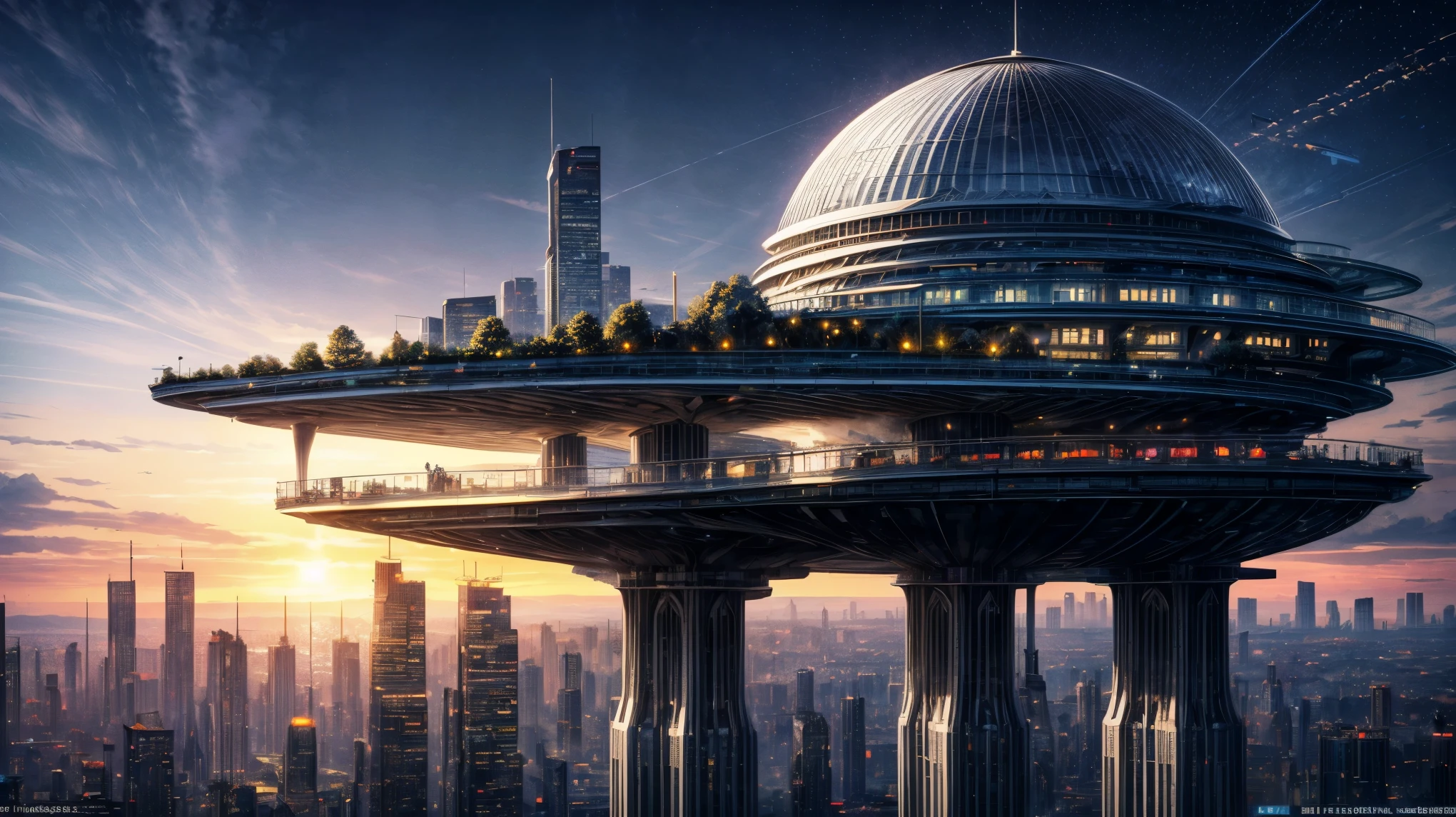(Best quality,4K,8K,A high resolution,Masterpiece:1.2),Ultra-detailed,(Realistic,Photorealistic,photo-realistic:1.37),Futuristic floating city,Futuristic technology,Huge urban high-tech tablet platform,Airship,Floating in the sky,Futuristic city,Small airships around,High-tech hemispherical platform,Colorful lights,Advanced architecture,modernn architecture,skyscrapper,Access the cloud,Scenic beauty,view over city,Impressive design,Blend seamlessly with nature,energetic and vibrant atmosphere,Futuristic transportation system,Parking is suspended,Transparent path,Lush greenery,Sky gardens,cascading waterfalls,Magnificent skyline,reflections on the water,Sparkling river,Architectural innovation,futuristic skyscrapers,Transparent dome,The shape of the building is unusual,Elevated walkway,Impressive skyline,Glowing lights,Futuristic technology,Minimalist design,Scenic spots,Panoramic view,Cloud Piercing Tower,Vibrant colors,epic sunrise,epic sunset,Dazzling light display,magical ambiance,The future city,Urban Utopia,LuxuryLifestyle,Innovative energy,sustainable development,Smart city technology,Advanced infrastructure,Tranquil atmosphere,Nature and technology live in harmony,Awesome cityscape,Unprecedented urban planning,Architecture connects seamlessly with nature,High-tech metropolis,A cutting-edge engineering marvel,The future of urban living,Visionary architectural concept,Energy-efficient buildings,Harmony with the environment,A city floating above the clouds,Utopian dreams become reality,The possibilities are endless,State-of-the-art transportation network,Green energy integration,Innovative materials,Impressive holographic display,Advanced communication system,Breathtaking aerial view,Quiet and peaceful environment,Modernist aesthetics,Ethereal beauty