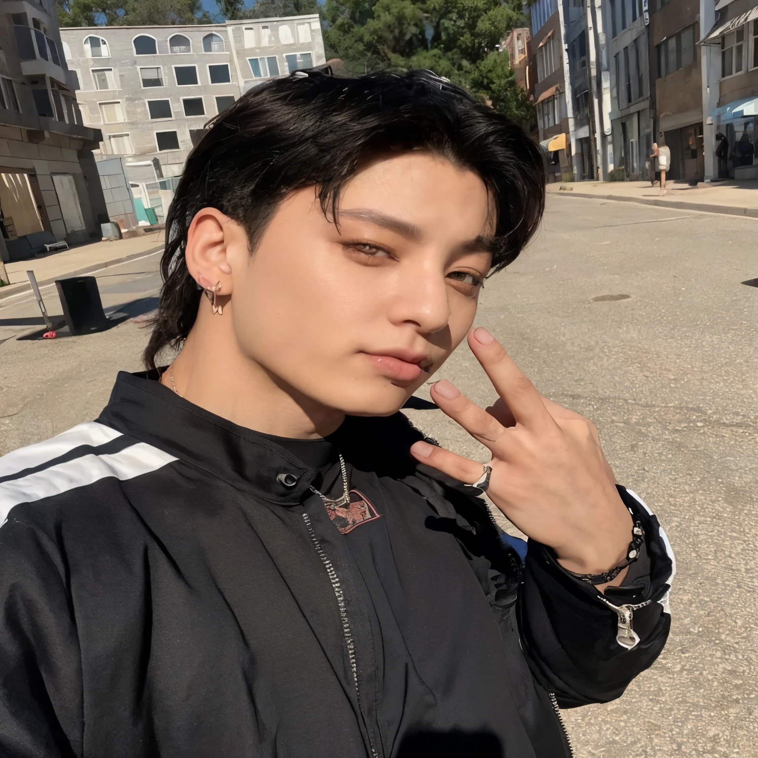 Jungkook de cabelo preto mullet, de blusa preta, Jungkook doing a three with his finger, Jungkook em um sol de 30 graus, Todos do grupo BTS, Jungkook do grupo BTS, inspirado em Jungkook