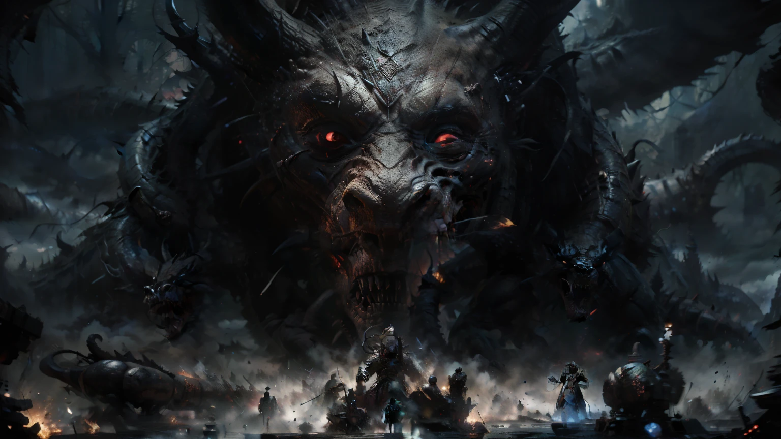Painting of a Mayan sorcerer, indigenous, fighting surrounded by ghosts, beings with large jaws without eyes without a nose, Sci - The Art of Horror Fiction, Science fiction horror arts, inspired by Aleksi Briclot, As pres da carnificina, Art of terror in the fantasy genre, Directed by: Aleksi Briclot, horror conceptual art, poison, fantasy and horror art, ((lens: 10 mm, pano)), detailed 4K horror illustration, demonic creature, grim fantasy horror art, horns demonic, pure evil
