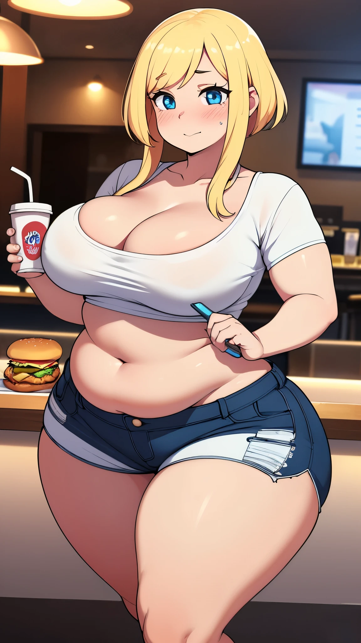 ((highres)), Masterpiece, high quality, best quality, beautiful, perfect lighting, detailed face, ultra cute face, ((1girl)), ((solo)), (blush), blonde hair, blue eyes, crop top and shorts, tight clothes, fast food restaurant, medium breasts, cleavage, ((wide hips)), (thick thighs), (chubby), pudgy belly, fat folds, standing
