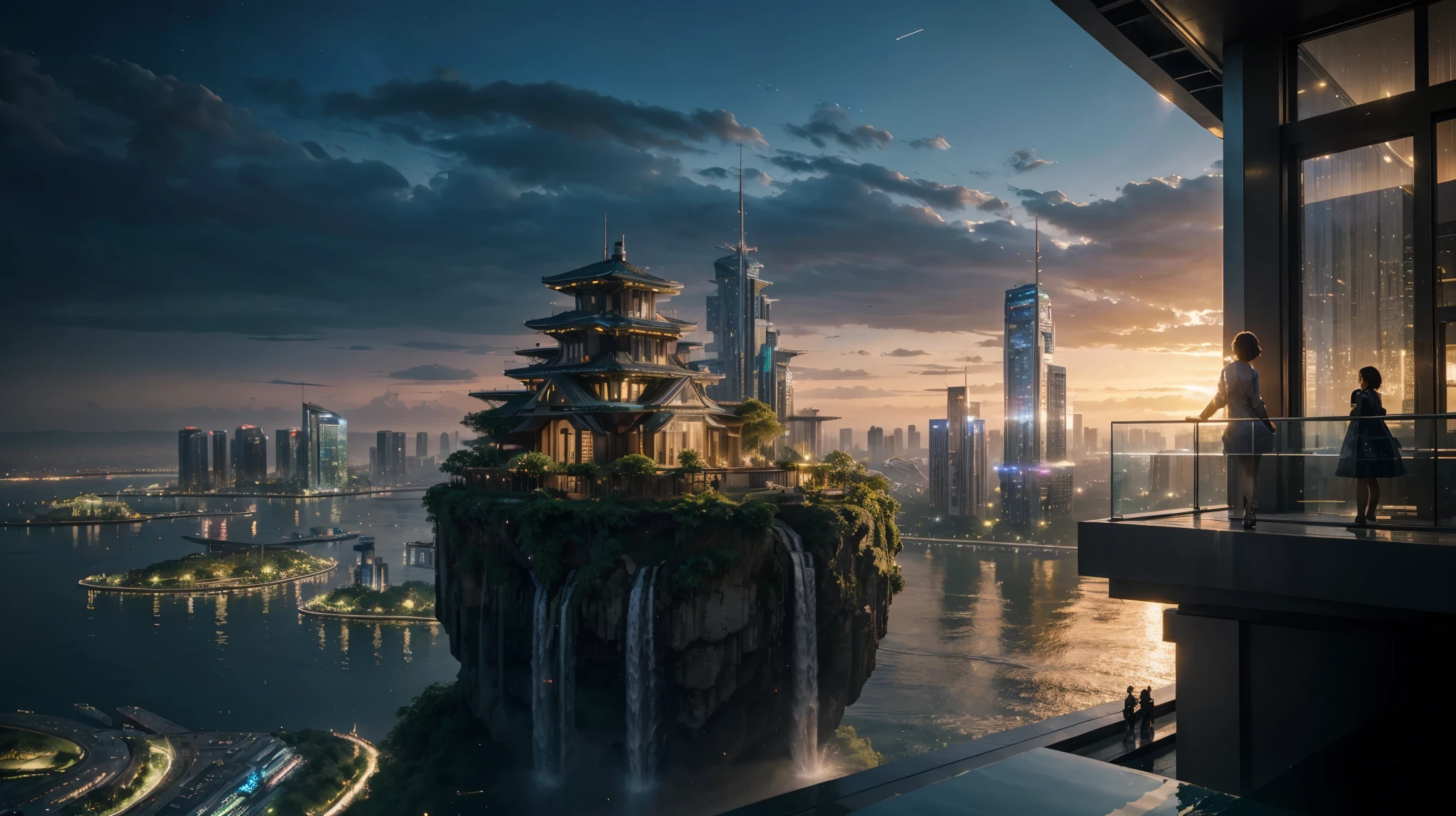 masterpiece, best quality, 16K UHD,
futuristic floating city,
contemplating the scenic beauty,
a girl in a futuristic outfit with short bobbed hair,
ultra-detailed, photo-realistic,
huge urban high-tech tablet platform,
advanced architecture blending seamlessly with nature,
surrounded by small airships and colorful lights,
transparent pathway leading to the building,
lush greenery and cascading waterfalls,
epic sunset illuminating the magnificent skyline,
sparkling river reflecting the vibrant colors,
minimalist design with harmony and sustainability,