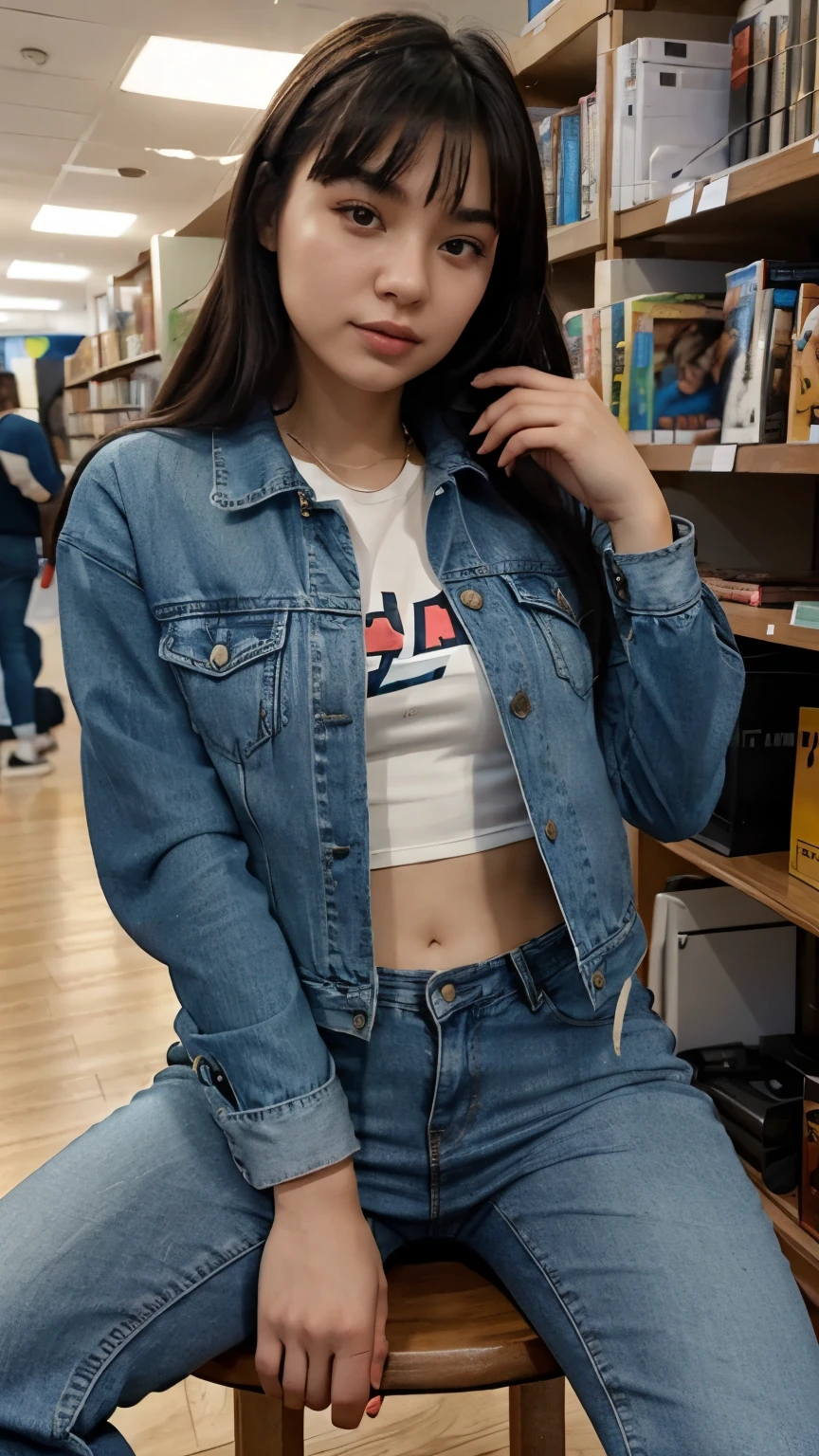 22 yo Kazakhstan woman, wearing a denim jacket and casual pants, summer at office, sitting in a chair near the comic book shelf