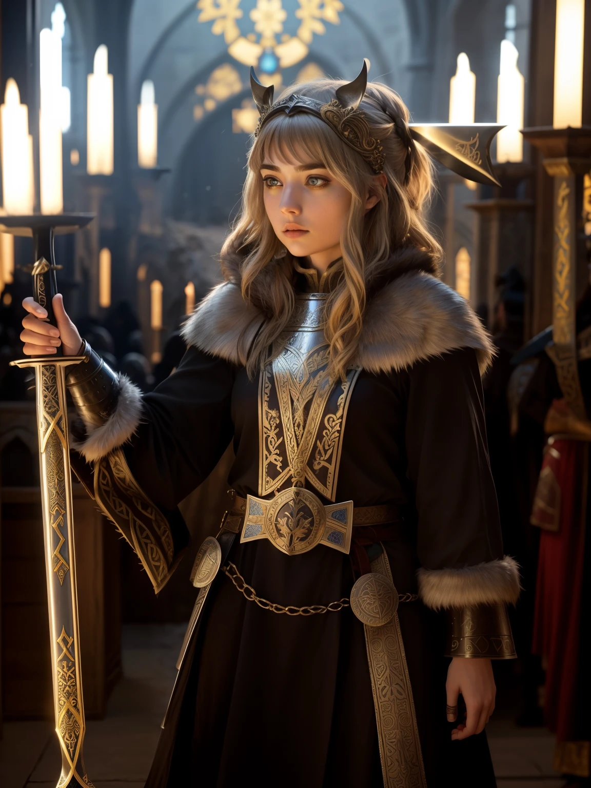 araffe dressed in a costume holding a sword and a sword, ornate cosplay, teenage viking shieldmaiden, wearing intricate fur armor, imogen poots as a holy warrior, warrior princess, norse inspired, as a medieval fantasy character, an epic fantasy, imogen poots as holy paladin, she is holding a sword, wearing fur armor