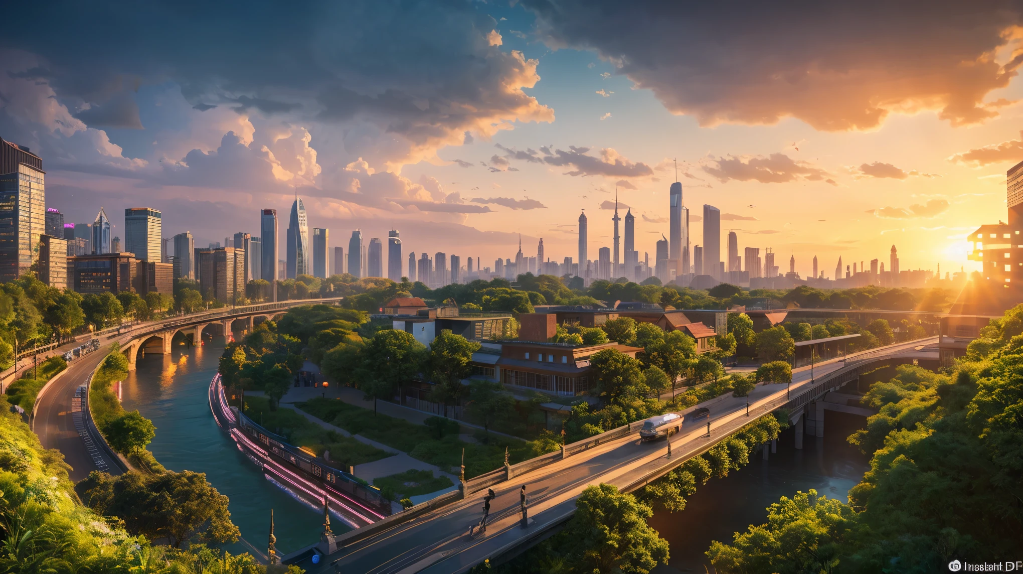 masterpiece, best quality, 16K UHD,
futuristic floating city,
contemplating the scenic beauty,
a girl in a futuristic outfit with short bobbed hair,
ultra-detailed, photo-realistic,
huge urban high-tech tablet platform,
advanced architecture blending seamlessly with nature,
surrounded by small airships and colorful lights,
transparent pathway leading to the building,
lush greenery and cascading waterfalls,
epic sunset illuminating the magnificent skyline,
sparkling river reflecting the vibrant colors,
minimalist design with harmony and sustainability,