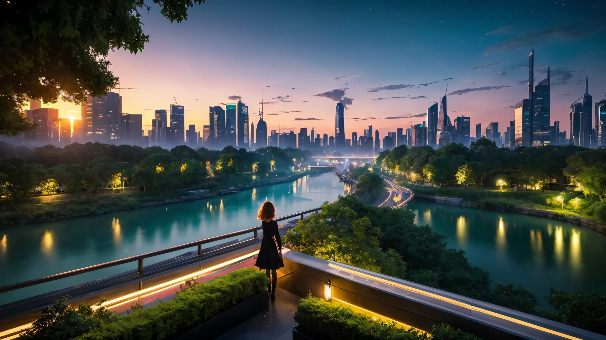 masterpiece, best quality, 16K UHD,
futuristic floating city,
contemplating the scenic beauty,
a girl in a futuristic outfit with short bobbed hair,
ultra-detailed, photo-realistic,
huge urban high-tech tablet platform,
advanced architecture blending seamlessly with nature,
surrounded by small airships and colorful lights,
transparent pathway leading to the building,
lush greenery and cascading waterfalls,
epic sunset illuminating the magnificent skyline,
sparkling river reflecting the vibrant colors,
minimalist design with harmony and sustainability,