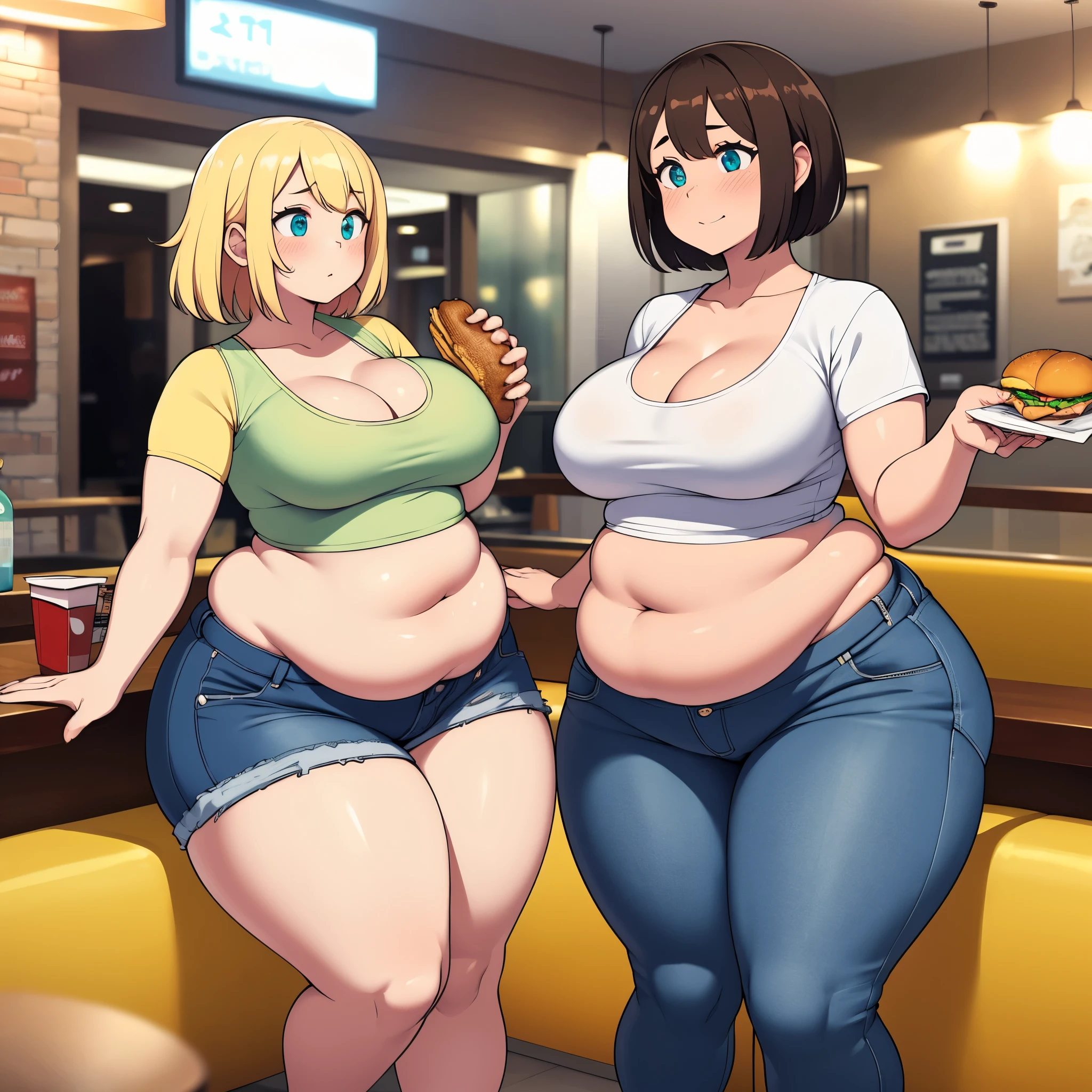 ((highres)), Masterpiece, high quality, best quality, beautiful, perfect lighting, detailed face, ultra cute face, ((2girls)), (blush), one girl has blonde hair, blue eyes, crop top and shorts, one girl has brown hair, green eyes, jeans, white shirt, jacket, tight clothes, fast food restaurant, medium breasts, cleavage, (wide hips), ((thick thighs)), ((chubby)), pudgy belly, fat folds, standing together,