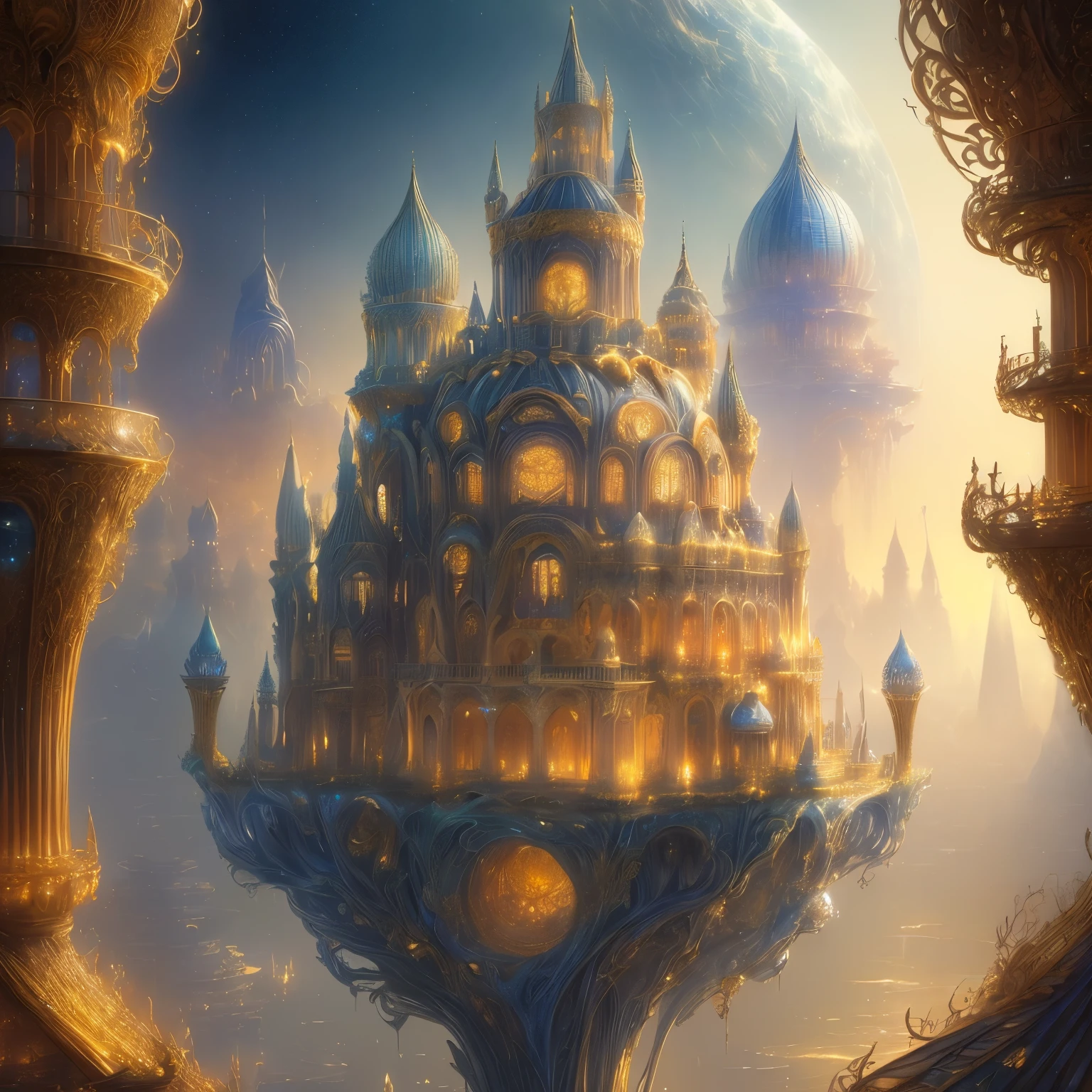 ((((masterpiece)), Ivory gold AI city night scene, Isometric, 3d rendering, very high definition, high detail, There is a big clock on a plate in the water, Gorgeous spaceship painting, 4k highly detailed digital art, Ornate gold-plated space machine, golden steampunk city atmosphere, fantasy. gondola boat, shocking fantasy 3d rendering, futuristic persian palace, fantasy highly detailed, beautiful detailed fantasy, futuristic palace, detailed fantasy digital art, magic fantasy highly detailed