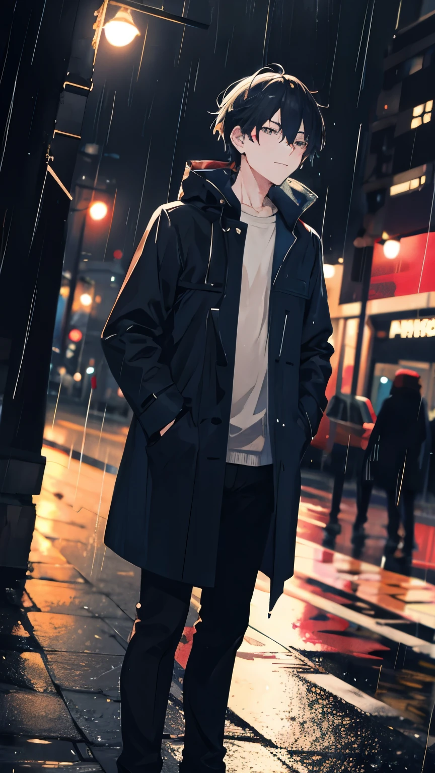 1man,night city,rain,coat,hands in pockets