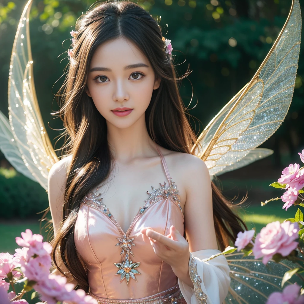 ultra-detailed,magical girl,beautiful detailed eyes,beautiful detailed lips,extremely detailed eyes and face,long eyelashes,sparkling eyes,flowing hair,fairy wings,glowing wand,magical dress,colorful,shiny,glittering,soft light,fantasy,artistic portrait,high-res,sharp focus,studio lighting,vivid colors,ethereal,daydream,happy expression,sunshine,flowers,supernatural powers,enchanted garden,joyful,playful gesture,graceful appearance,cheerful,positive energy,warmth,fantasy world,harmony,best quality,masterpiece