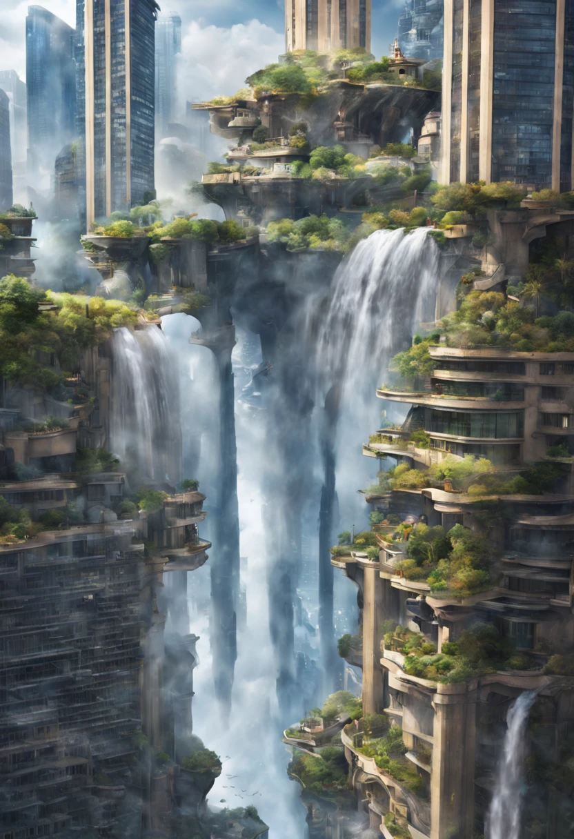 Rooftops of skyscrapers, waterfalls falling from rooftops, fantasy, fusion, highest image quality.