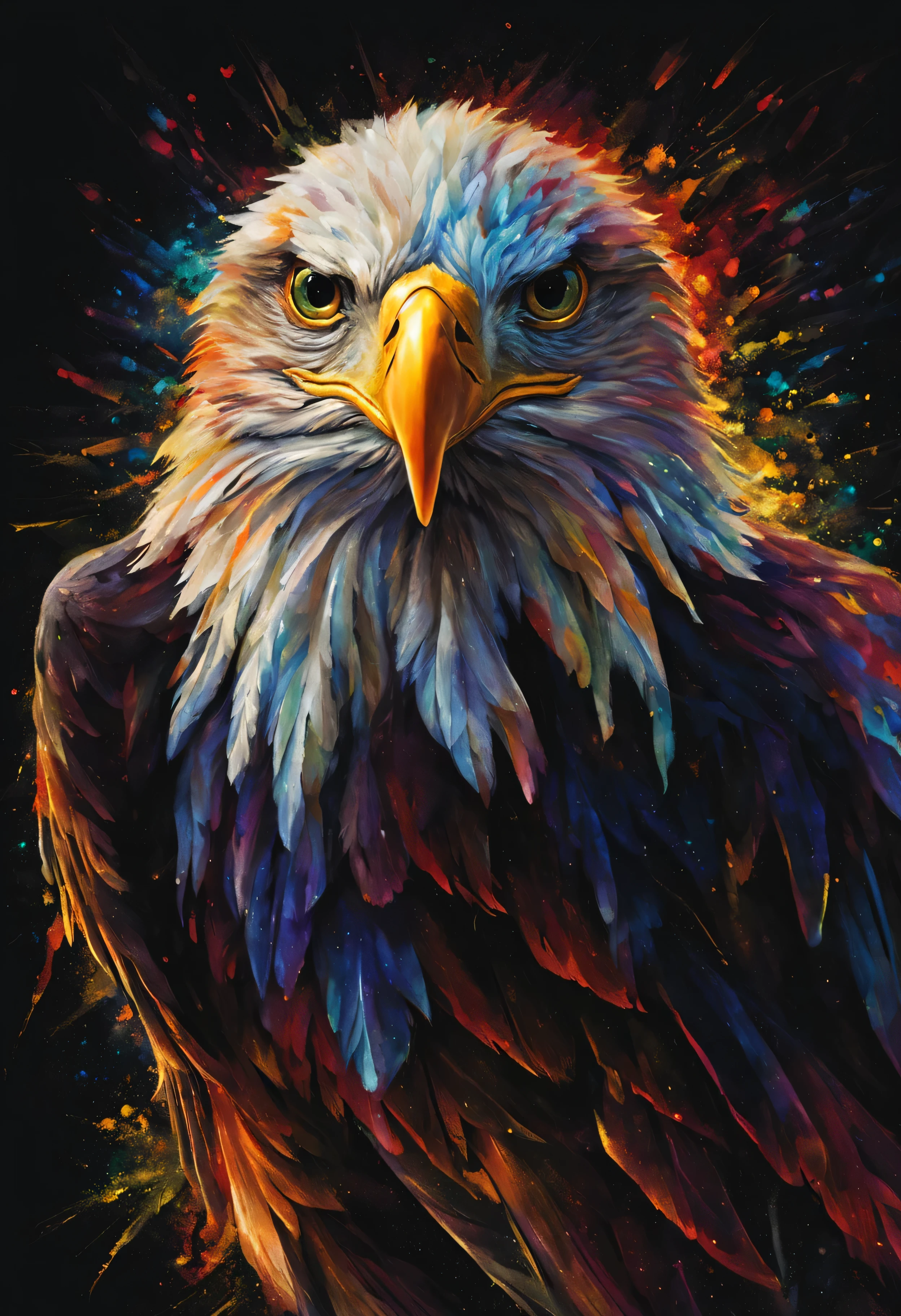 Colorful eagle painting isolated on black background,, breathtaking renderings, in a radiant connection, Inspired by Kinuko Y. craft,, magic elements, Kitten icon, oh, Is beautiful, Cast colorful spells, flash lumineux, flash, no signature