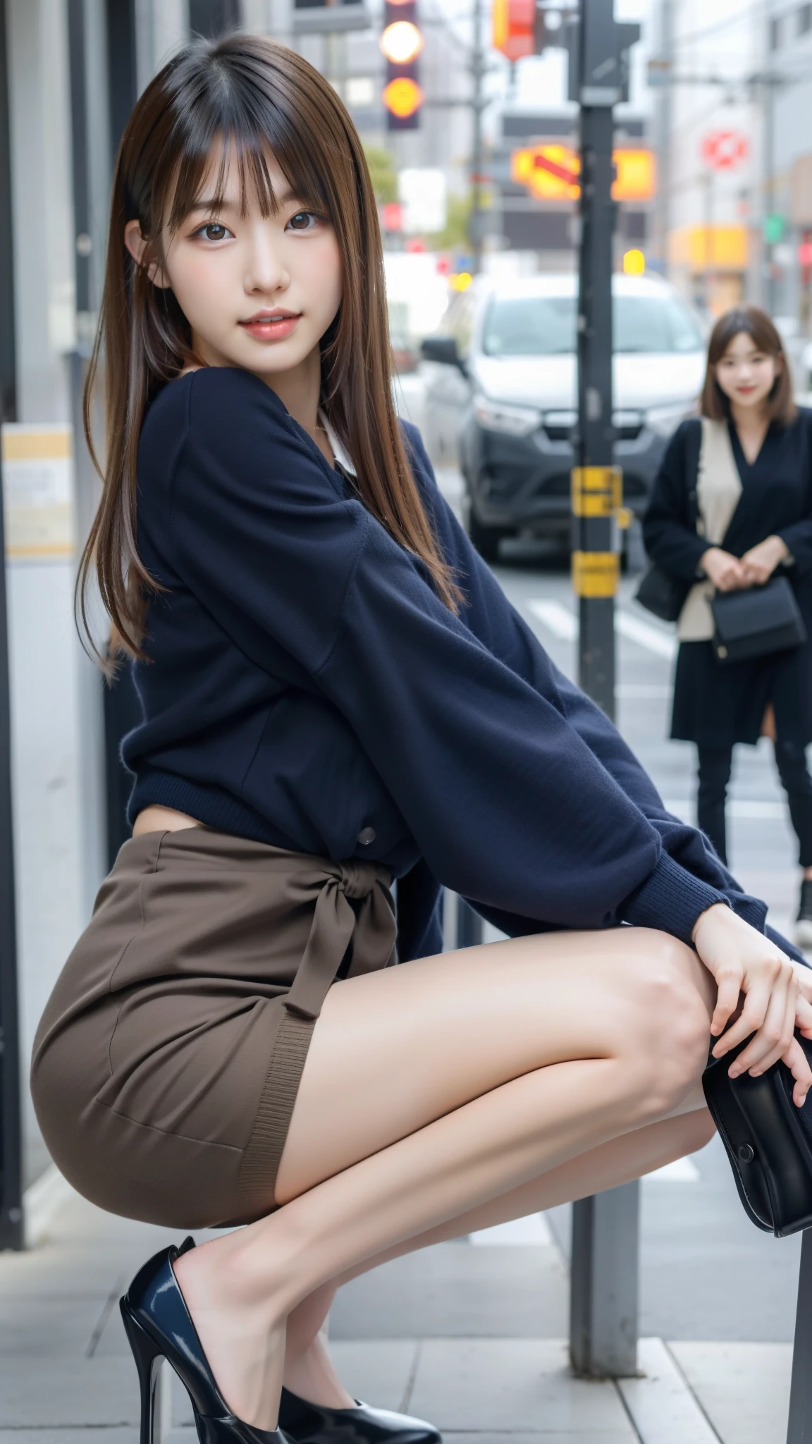 Photo taken by a professional photographer,Close-up of a woman squatting on the sidewalk with her legs crossed, kiko mizuhara, wearing a sweater, Shirahime cut brown hair, wearing a sweater, young and cute girl, japanese model, 白いwearing a sweater, Chiho, ランダムカラーのカジュアルなwearing a sweater,Cute ide waves with short hair, a cute young woman, cute young woman, black pantyhose,black tights,black high heels,