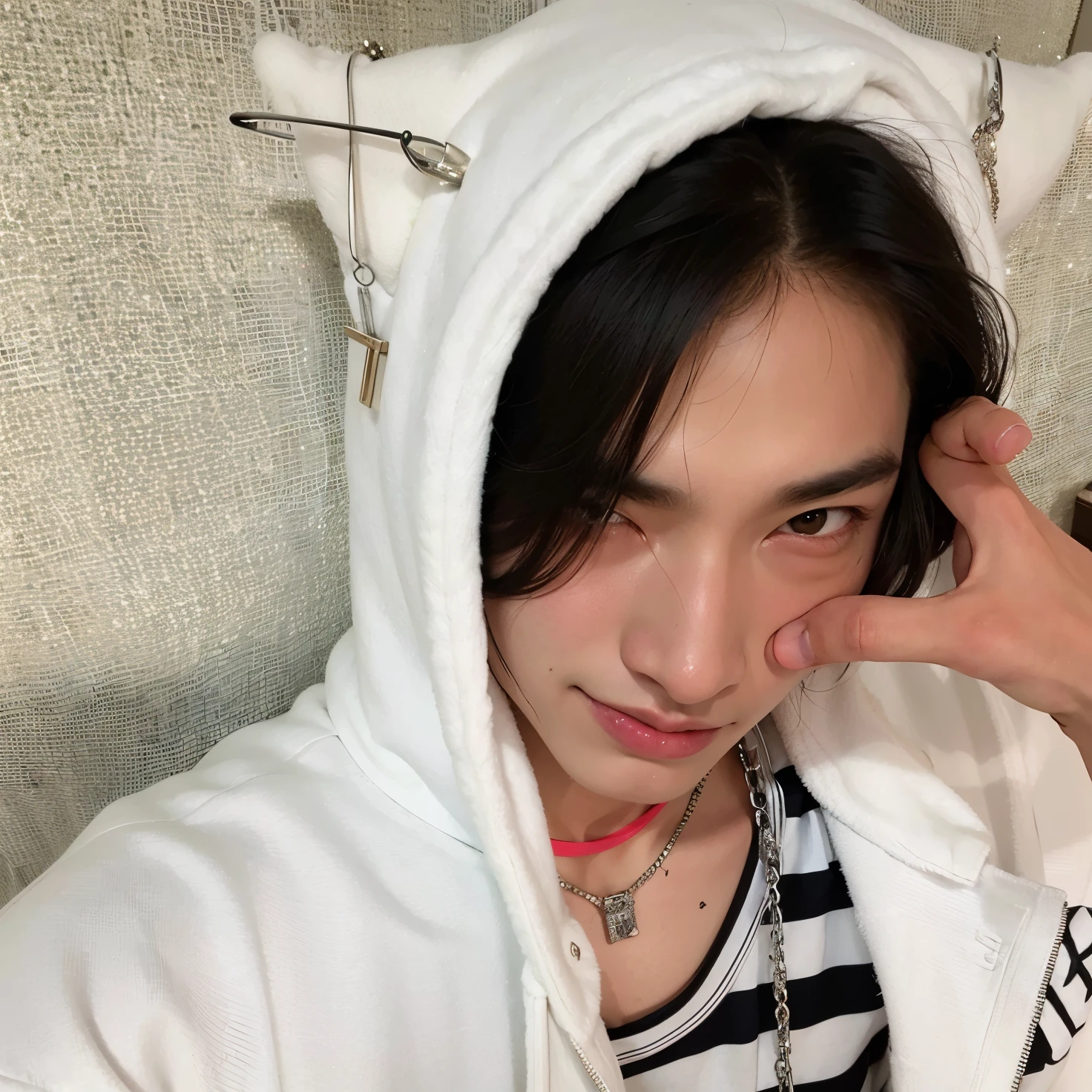 hay un hombre con una sudadera con capucha blanca y una oreja de gato en la cabeza, cai xukun, Jinyoung Shin, kim doyoung, cuchilla del grupo de drenaje, hyung tae, Jung Jaehyun, taken in the early 2020s, TaeJune Kim, hong junio hyung, pintar ulzzang, jia, jungkook, lv, handsome japanese demon boy
