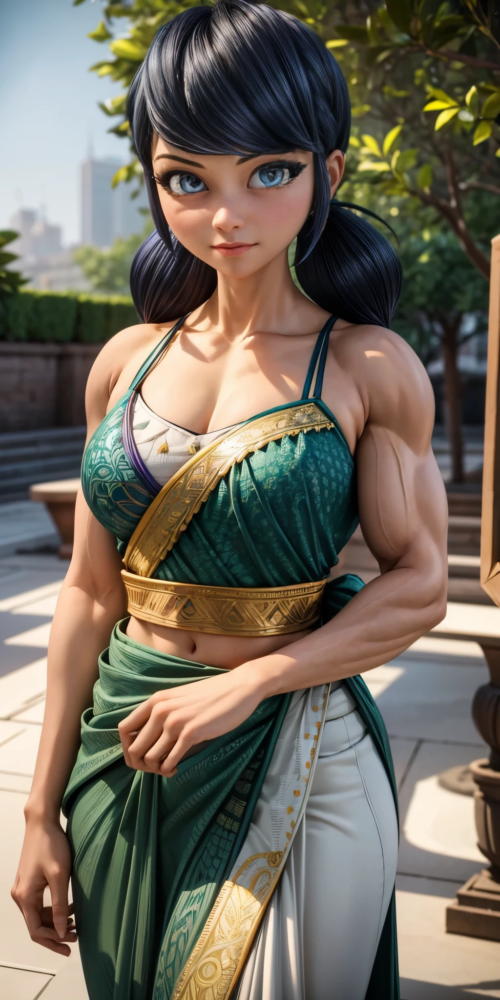 (best quality,4k,highres,masterpiece:1.2),ultra-detailed,realistic:1.37,big muscular female bodybuilder,beautiful detailed eyes,beautiful detailed lips,strong physique,two short pigtails,small (smile),rippling muscles,sturdy frame,fit around the waist,(tight abs),strong arms and shoulders,intense expression,determined look,well-defined muscles and veins,straining muscles,artistic pose,steely gaze,side lighting,powerful presence,vivid colors,dynamic composition,studio lighting,physically-based rendering,athletic build,bodybuilding silhouette,professional,gritty texture,bokeh,an elegant girl in a vibrant Indian saree, beautiful detailed eyes, beautiful detailed lips, extremely detailed face, long eyelashes, intricate patterns and embroidery on the saree, flowing and vibrant colors, luxurious silk fabric, graceful and confident posture, traditional Indian jewelry, a henna tattoo on her hand, a stunning garden as the backdrop, natural and warm lighting, high-resolution rendering, photorealistic style