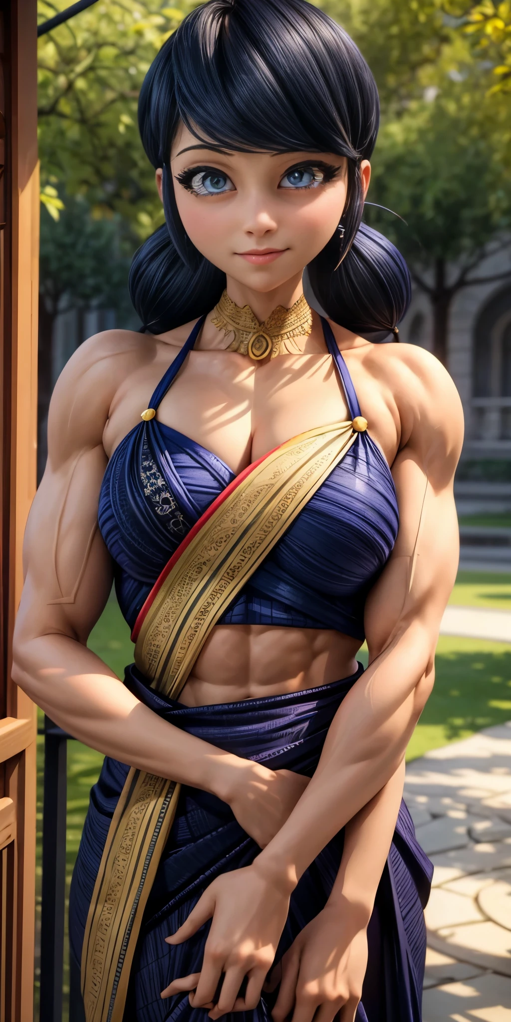 (best quality,4k,highres,masterpiece:1.2),ultra-detailed,realistic:1.37,big muscular female bodybuilder,beautiful detailed eyes,beautiful detailed lips,strong physique,two short pigtails,small (smile),rippling muscles,sturdy frame,fit around the waist,(tight abs),strong arms and shoulders,intense expression,determined look,well-defined muscles and veins,straining muscles,artistic pose,steely gaze,side lighting,powerful presence,vivid colors,dynamic composition,studio lighting,physically-based rendering,athletic build,bodybuilding silhouette,professional,gritty texture,bokeh,an elegant girl in a vibrant Indian saree, beautiful detailed eyes, beautiful detailed lips, extremely detailed face, long eyelashes, intricate patterns and embroidery on the saree, flowing and vibrant colors, luxurious silk fabric, graceful and confident posture, traditional Indian jewelry, a henna tattoo on her hand, a stunning garden as the backdrop, natural and warm lighting, high-resolution rendering, photorealistic style