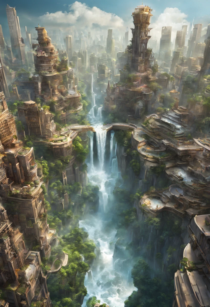 Skyscrapers, waterfalls cascading from rooftops, fantasy, fusion, highest image quality.