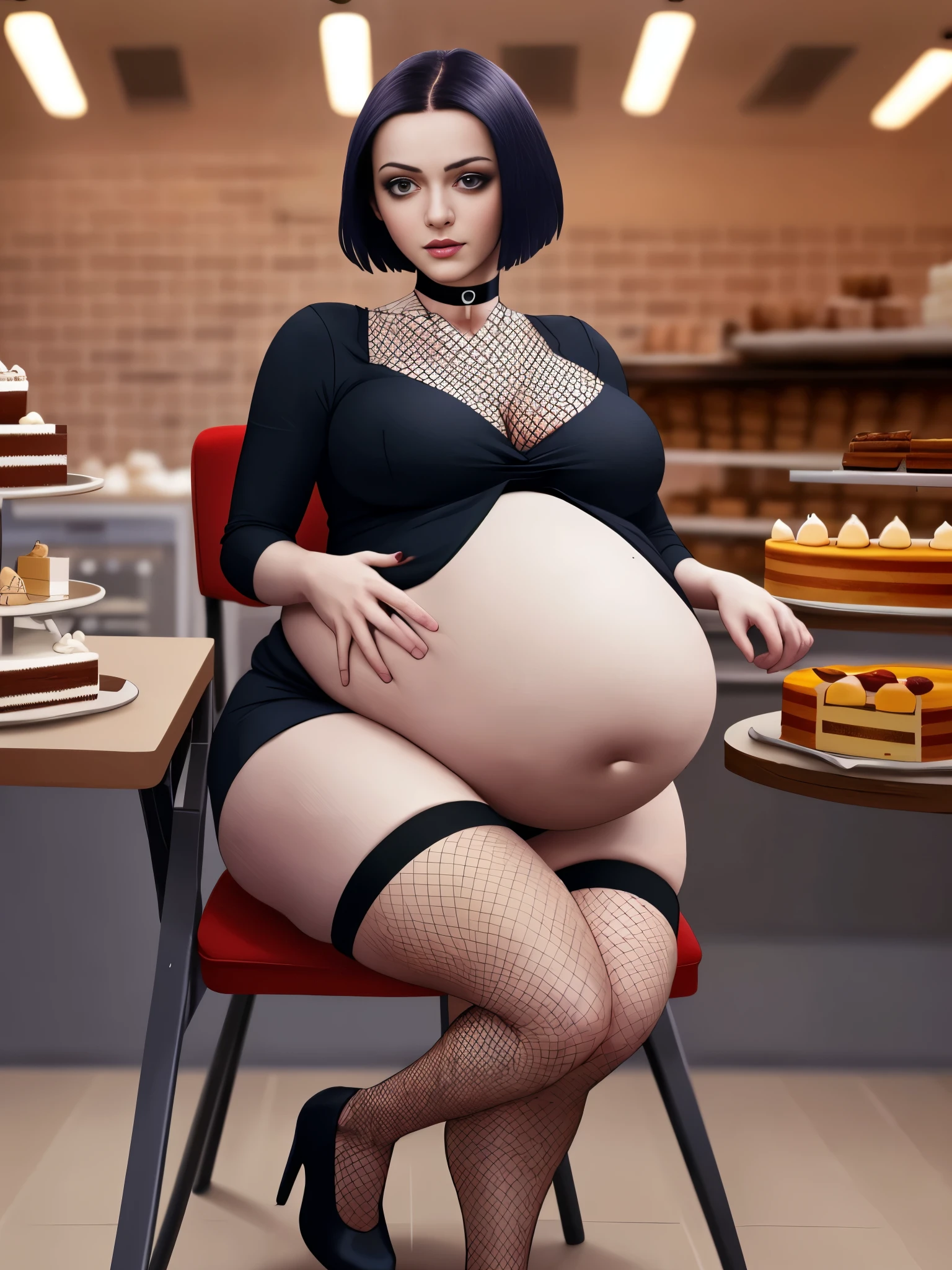 Raven, grey skin, masterpiece quality, lots of detail, realistic, studio lighting, in a bakery, lots of cake in background, sitting on chair, short hair, sexy pose, wearing choker collar, wearing black dress, short skirt, wearing fishnet stockings, big breasts, (big breasts:1.3), small belly, (small belly:1.2),