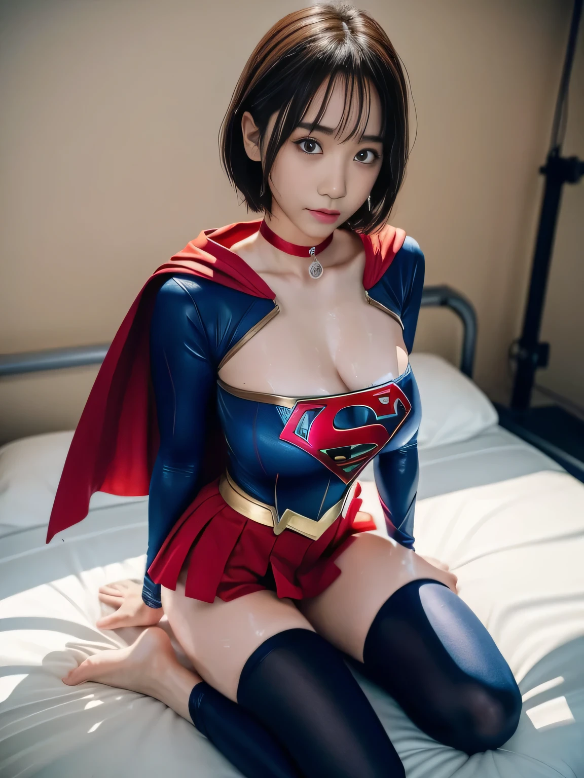 masterpiece、supergirl costume、short hair、Intensive care unit、operating table、barefoot、straddle、M-shaped legs、wide open legs、big and full breasts、red mini skirt、look at the camera、Sweat、Cowgirl、Sweatでいっぱい、発Sweat、Sweat scattering、Sweat wet、choker、long sleeve、Fluttering cloak、Fayue