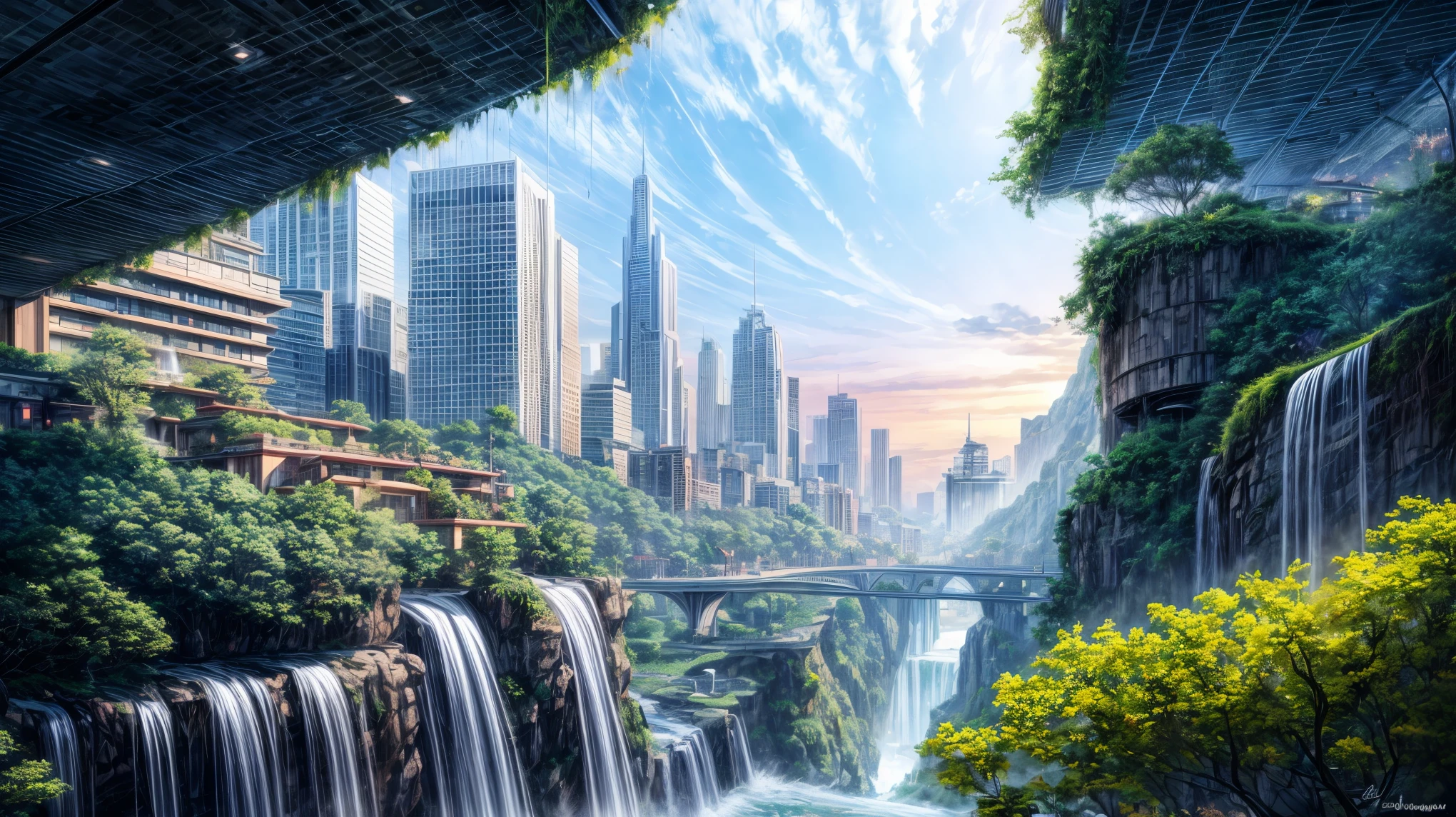 masterpiece, best quality, 16K UHD, futuristic floating city, contemplating the scenic beauty, a girl in a futuristic outfit with short bobbed hair, ultra-detailed, photo-realistic, huge urban high-tech tablet platform, advanced architecture blending seamlessly with nature, surrounded by small airships and colorful lights, transparent pathway leading to the building, lush greenery and cascading waterfalls, epic sunset illuminating the magnificent skyline, sparkling river reflecting the vibrant colors, minimalist design with harmony and sustainability,