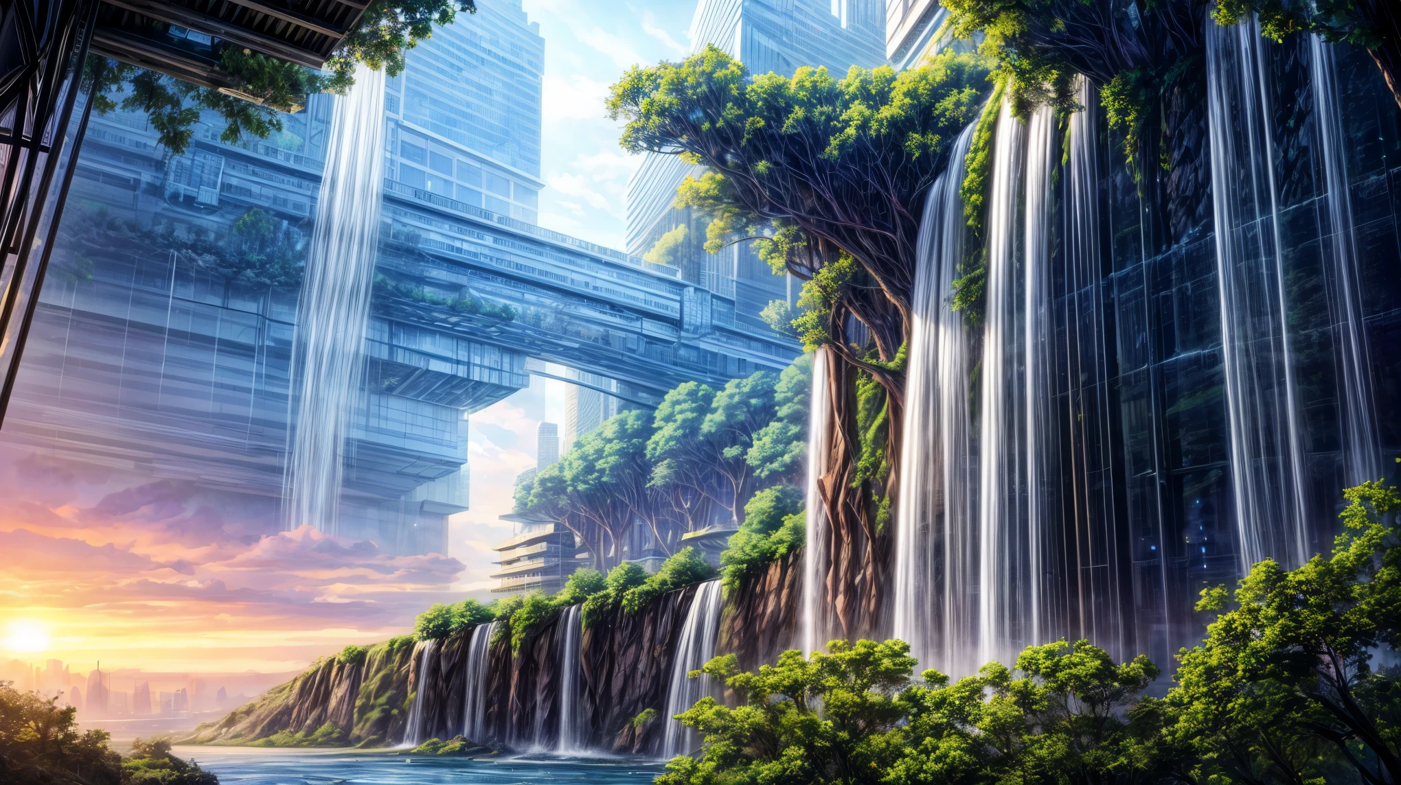 masterpiece, best quality, 16K UHD, futuristic floating city, contemplating the scenic beauty, a girl in a futuristic outfit with short bobbed hair, ultra-detailed, photo-realistic, huge urban high-tech tablet platform, advanced architecture blending seamlessly with nature, surrounded by small airships and colorful lights, transparent pathway leading to the building, lush greenery and cascading waterfalls, epic sunset illuminating the magnificent skyline, sparkling river reflecting the vibrant colors, minimalist design with harmony and sustainability,