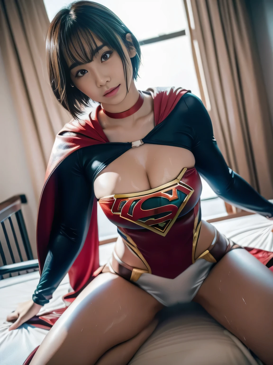 masterpiece、Supergirl costumes、short hair、Intensive care unit、operating table、barefoot、straddle、M-shaped legs、wide open legs、big and full breasts、red mini skirt、look at the camera、Sweat、Cowgirl、Sweatでいっぱい、発Sweat、Sweat scattering、Sweat wet、choker、long sleeve、Fluttering cloak、orgy