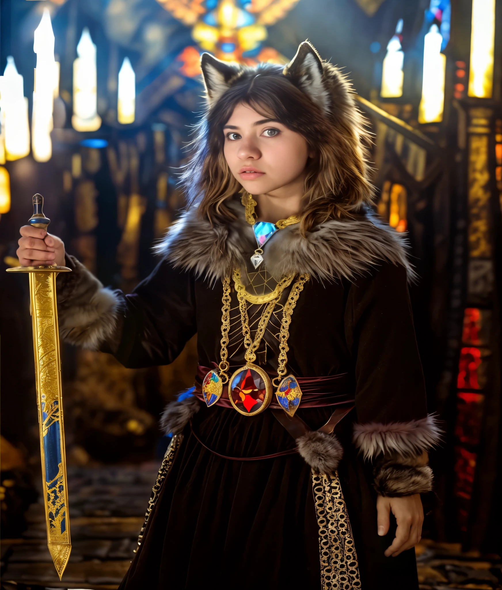 araffe dressed in a costume holding a sword and a sword, ornate cosplay, teenage viking shieldmaiden, wearing intricate fur armor, imogen poots as a holy warrior, warrior princess, norse inspired, as a medieval fantasy character, an epic fantasy, imogen poots as holy paladin, she is holding a sword, wearing fur armor