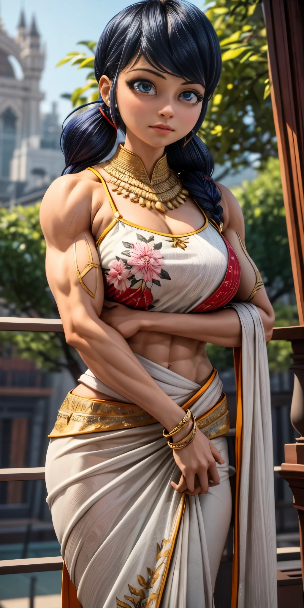 (best quality,4k,highres,masterpiece:1.2),ultra-detailed,realistic:1.37,big muscular female bodybuilder,beautiful detailed eyes,beautiful detailed lips,strong physique,two short pigtails,small (smile),rippling muscles,sturdy frame,fit around the waist,(tight abs),strong arms and shoulders,intense expression,determined look,well-defined muscles and veins,straining muscles,artistic pose,steely gaze,side lighting,powerful presence,vivid colors,dynamic composition,studio lighting,physically-based rendering,athletic build,bodybuilding silhouette,professional,gritty texture,bokeh,an elegant girl in a vibrant Indian saree, beautiful detailed eyes, beautiful detailed lips, extremely detailed face, long eyelashes, intricate patterns and embroidery on the saree, flowing and vibrant colors, luxurious silk fabric, graceful and confident posture, traditional Indian jewelry, a henna tattoo on her hand, a stunning garden as the backdrop, natural and warm lighting, high-resolution rendering, photorealistic style