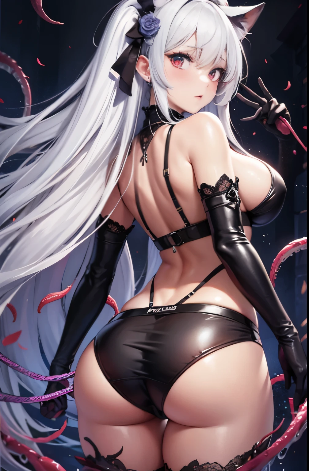 masterpiece, best quality, In winter, night, , girl, very long hair, big breasts, Gothic, Sadomasochism, wall, Zombified,Zombie changes and tentacles fuse,Zombie Queen,Red tentacles,Tentacles and legs,hot pants,looking down,back view,buttocks,arrogant,red eyes,Sexy,sweat,soaking wet,white hair,Tentacles wrap around the body,blush
