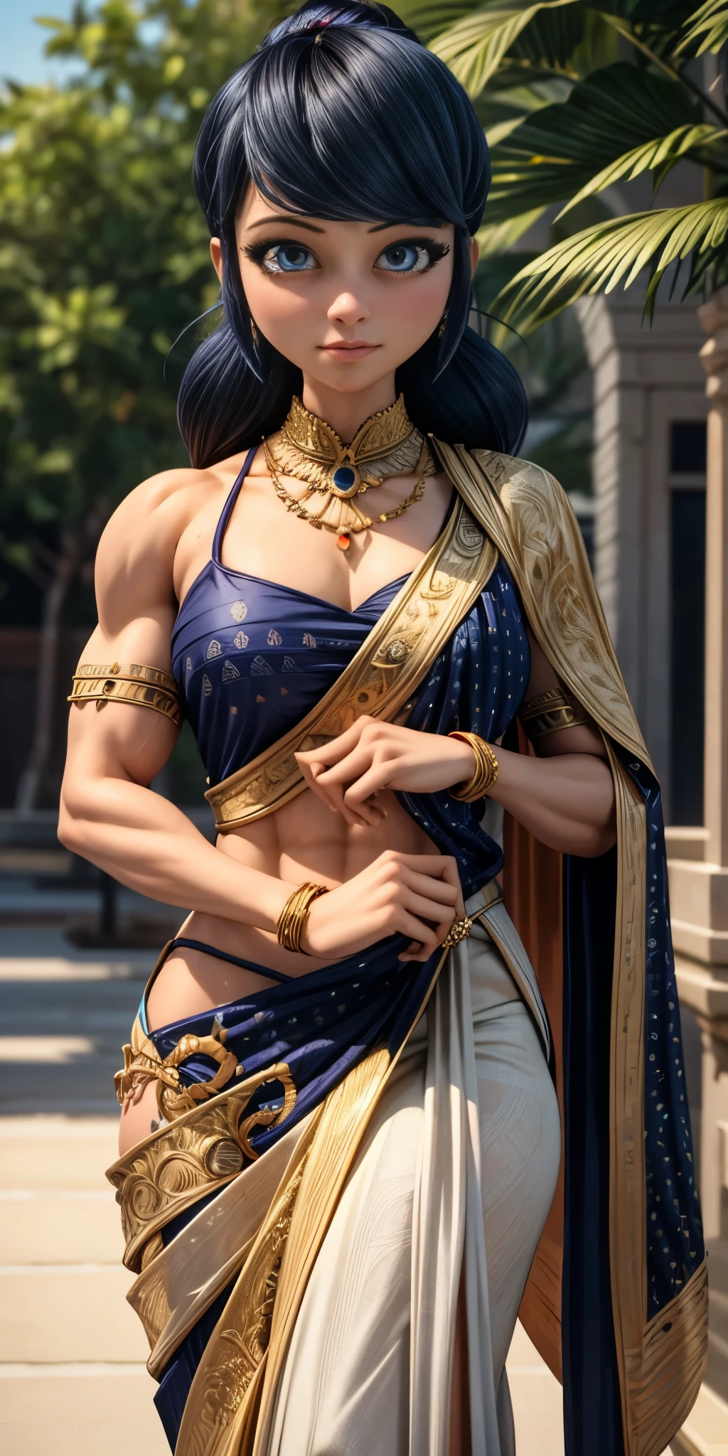 (best quality,4k,highres,masterpiece:1.2),ultra-detailed,realistic:1.37,big muscular female bodybuilder,beautiful detailed eyes,beautiful detailed lips,strong physique,long hair,small (smile),rippling muscles,sturdy frame,fit around the waist,(tight abs),strong arms and shoulders,intense expression,determined look,well-defined muscles and veins,straining muscles,artistic pose,steely gaze,side lighting,powerful presence,vivid colors,dynamic composition,studio lighting,physically-based rendering,athletic build,bodybuilding silhouette,professional,gritty texture,bokeh,an elegant girl in a vibrant Indian saree, beautiful detailed eyes, beautiful detailed lips, extremely detailed face, long eyelashes, intricate patterns and embroidery on the saree, flowing and vibrant colors, luxurious silk fabric, graceful and confident posture, traditional Indian jewelry, a henna tattoo on her hand, a stunning garden as the backdrop, natural and warm lighting, high-resolution rendering, photorealistic style