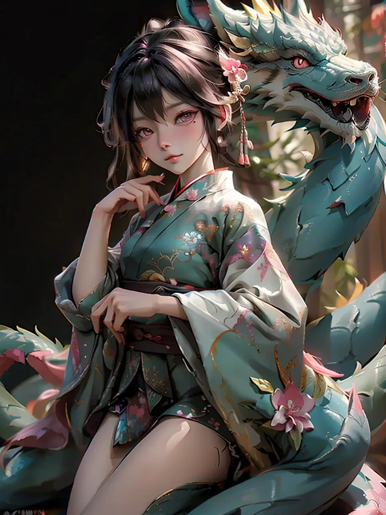 close up,Rainbow Dragon surrounded by a cute  Chinese girl,5 years ng gorgeous Hanfu, Rainbow Dragon,The scene is grand, Minimalism, Chinese dragon, c4d rendering, Surrealism, masterpiece, movie lighting, ultra high definition, fine details, color grade,