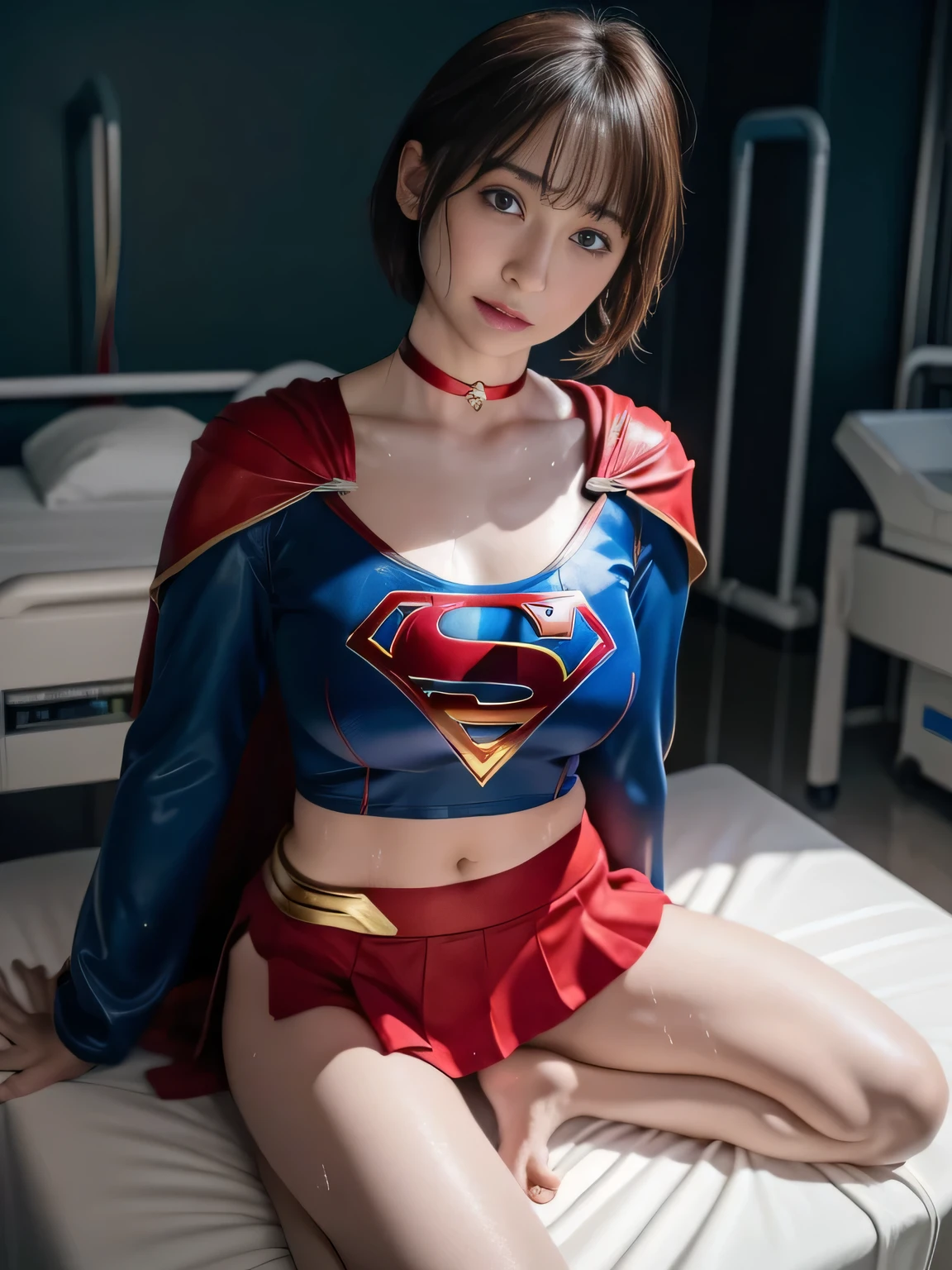 masterpiece、Supergirl costumes、short hair、Intensive care unit、operating table、barefoot、straddle、M-shaped legs、wide open legs、big and full breasts、red mini skirt、look at the camera、Sweat、Cowgirl、Sweatでいっぱい、発Sweat、Sweat scattering、Sweat wet、choker、long sleeve、Fluttering cloak、obscene