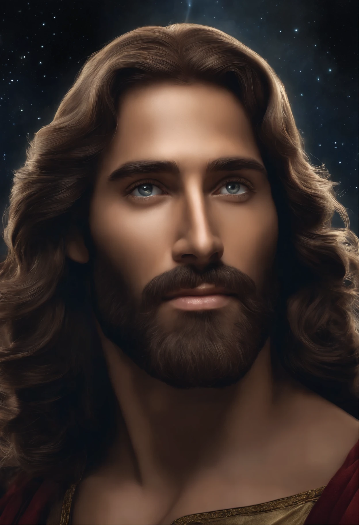 Generate a manga-style drawing-style image of Jesus.The paradise of the celestial background , olhando para frente .com cabelos pretos e curtos e sem barba, ((sem barba)), ((DOES NOT HAVE A BEARD)), ((cabelos curtos)), cabelos curtos, cabelos pretos,((cabelos curtos)), His eyes are kind and expressive,, garanta que a imagem seja de alta qualidade e rica em detalhes, capturing the essence of Jesus , pele altamente detalhada: 1,2 8k uhd , 20MP, Fujifilm XT3, 80mm, sentado em um tapete com um fundo de estrelas e nebulosas, Facing the camera, foto ultra realista, UHD, ..3d, 8kK