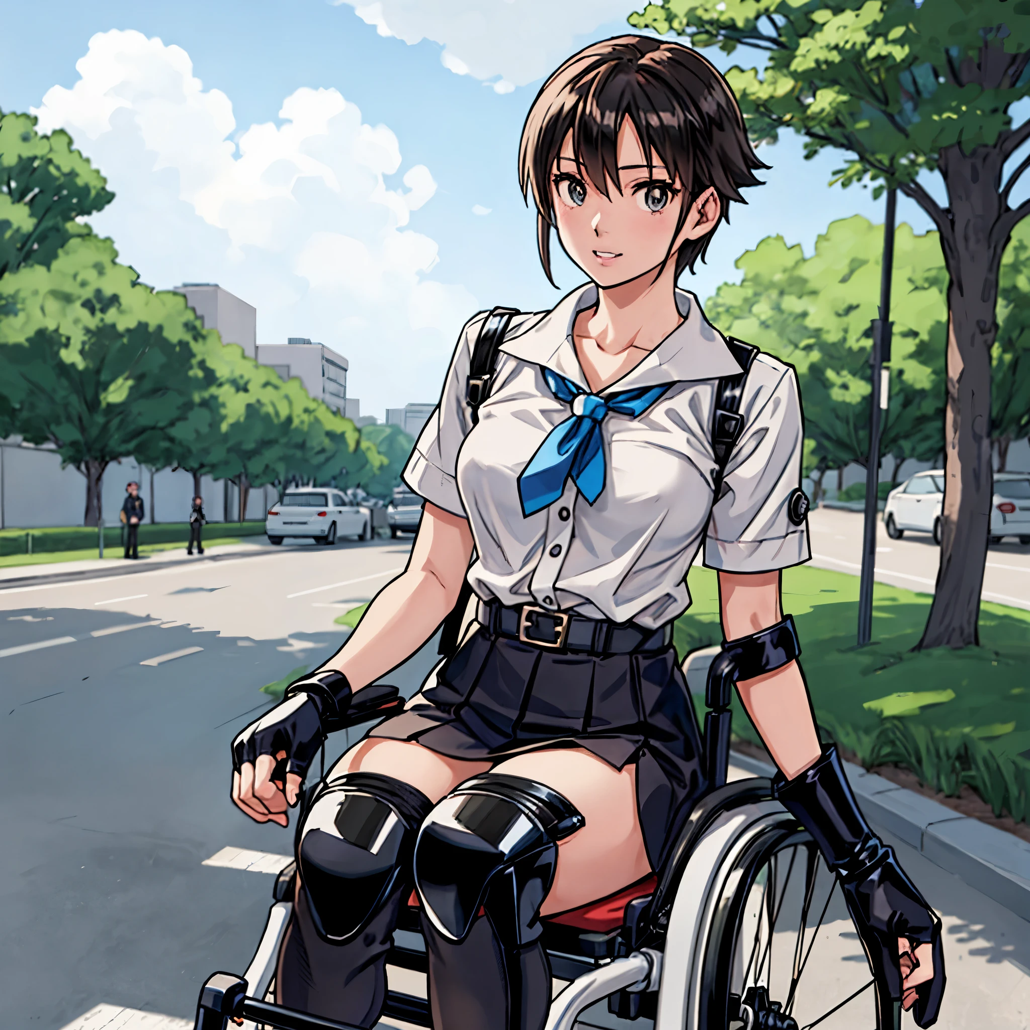 woman in a wheelchair on the street with a black and white outfit,black,boy-tie,open finger glove, black long boots,knee pads,anime girl cosplay, realistic cosplay, anime girl in real life, professional cosplay, anime cosplay, cosplay photo, full-cosplay, makoto shinka, a hyperrealistic , cosplay, hana yata, ayaka cosplay, captured on canon eos r 6, photorealistic anime