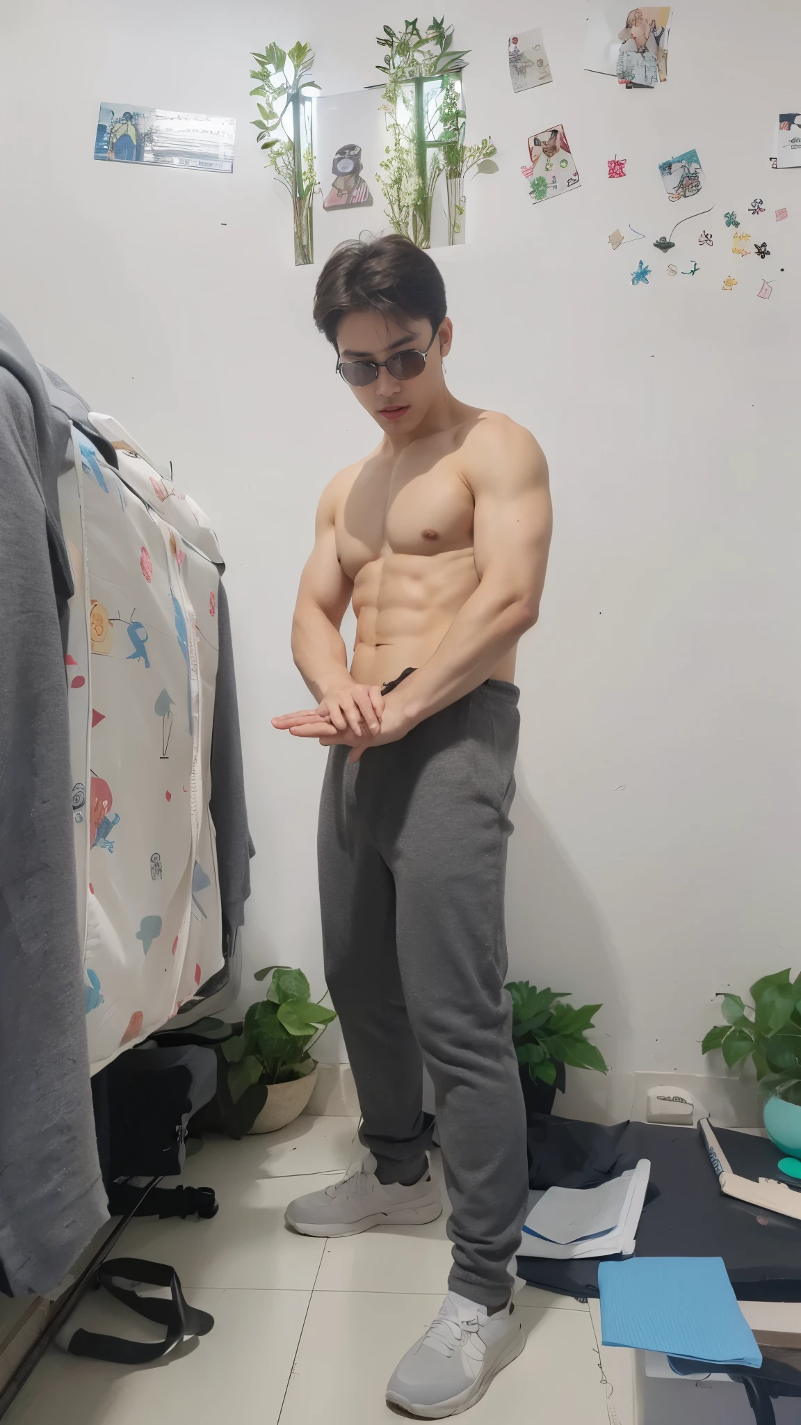 ((Realistic lighting, best quality, 8k, masterpiece: 1.3)), clear focus: 1.2, 1 boy, Perfect body: 1.4, Biceps:1.3,(triceps),abdominal muscles: 1.1,chest muscles:1.3, ((dark brown hair)), Wear sunglasses