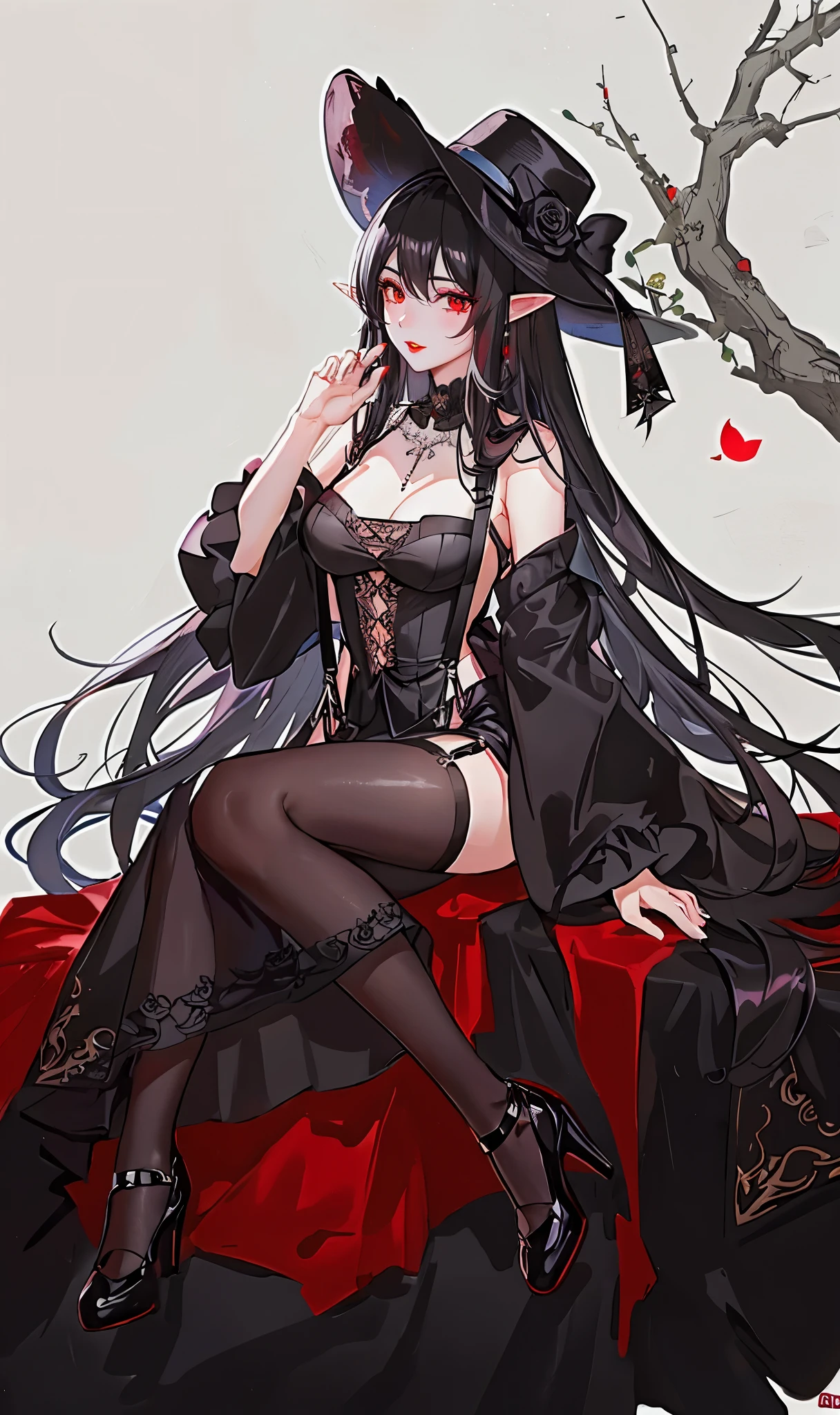 long black hair,close up,dream world,Elf royal sister,red lips,long black hair凌乱的发丝,red lips,Nice red eyes,ruins background,Black Rose Garden,grace,Manicure,Huge wide-brimmed black hat,(Black lady hat),necklace,humanoid,Baroque, Her skin is very white, fair complexion,(Black lace long dress,Black lace suspenders),pointed toe high heels,