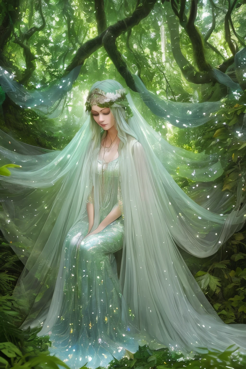 A mystic woman, draped in ethereal robes, radiantly glows within the enchanting confines of a fairytale forest. Surrounded by her aura of magical light, she appears as a mesmerizing figure amidst the vibrant, emerald foliage. The soft dappled sunlight filters through the canopy, casting a warm and inviting light upon her face. Her long, flowing silver hair cascades down her back, intertwining with the delicate tendrils of the forest flora. With downcast eyes veiled by long lashes, she cradles a crystalline orb overflowing with shimmering, luminescent energy. Her serene