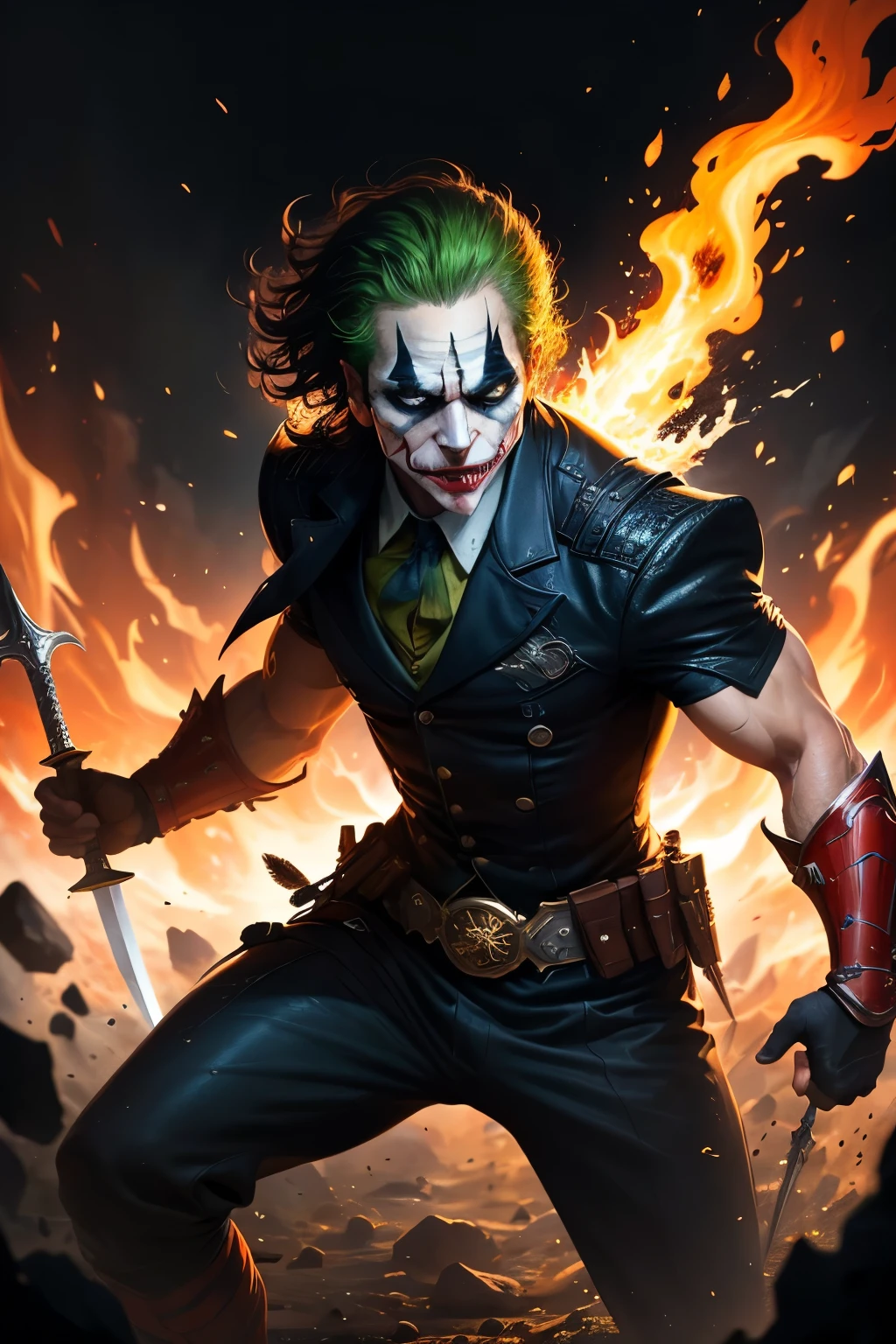 create art for a mug with a joker based on the film Dark Knights, with phrases,graphic design a mug, flat design,gotham street, colorful tones, highly detailed clean, vector image, professional photography, smoke explosion, simple background, flat black background , shiny vector ((black background)) color scheme: blue and black, expression: mysterious and haunting, size and shape of great sword: massive and double-edged, environment: fiery and chaotic, camera specs/model name: high-resolution DSLR, perspective: slightly low angle to emphasize the warrior's power, lighting: dramatic, with a spotlight illuminating the warrior's face and sword, depth of field: shallow, with the warrior in sharp focus and the fiery background slightly blurred, shutter speed: fast to capture the warrior's dynamic movement, photo quality: crisp and detailed, capturing the intricate details of the warrior's a